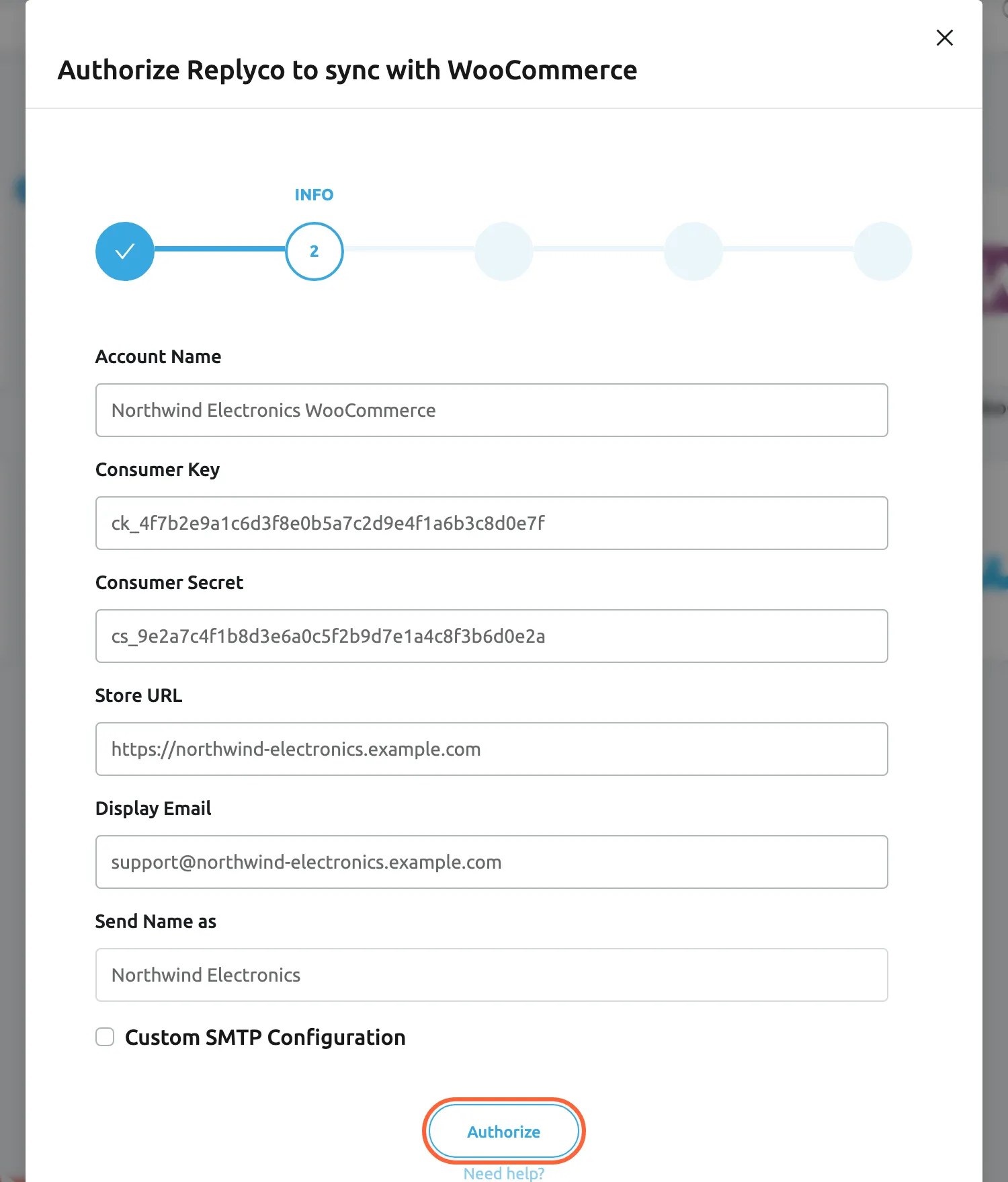 The dialog Authorize Replyco to sync with WooCommerce at its second step, INFO, out of five steps; the first step, AUTHORIZE, shows a tick. Account Name is filled in with Northwind Electronics WooCommerce, Consumer Key and Consumer Secret with a fictional key pair starting ck_ and cs_, Store URL with https://northwind-electronics.example.com, Display Email with support@northwind-electronics.example.com and Send Name as with Northwind Electronics; the Custom SMTP Configuration check box is unticked. The Authorize button is highlighted; selecting it saves the WooCommerce account.