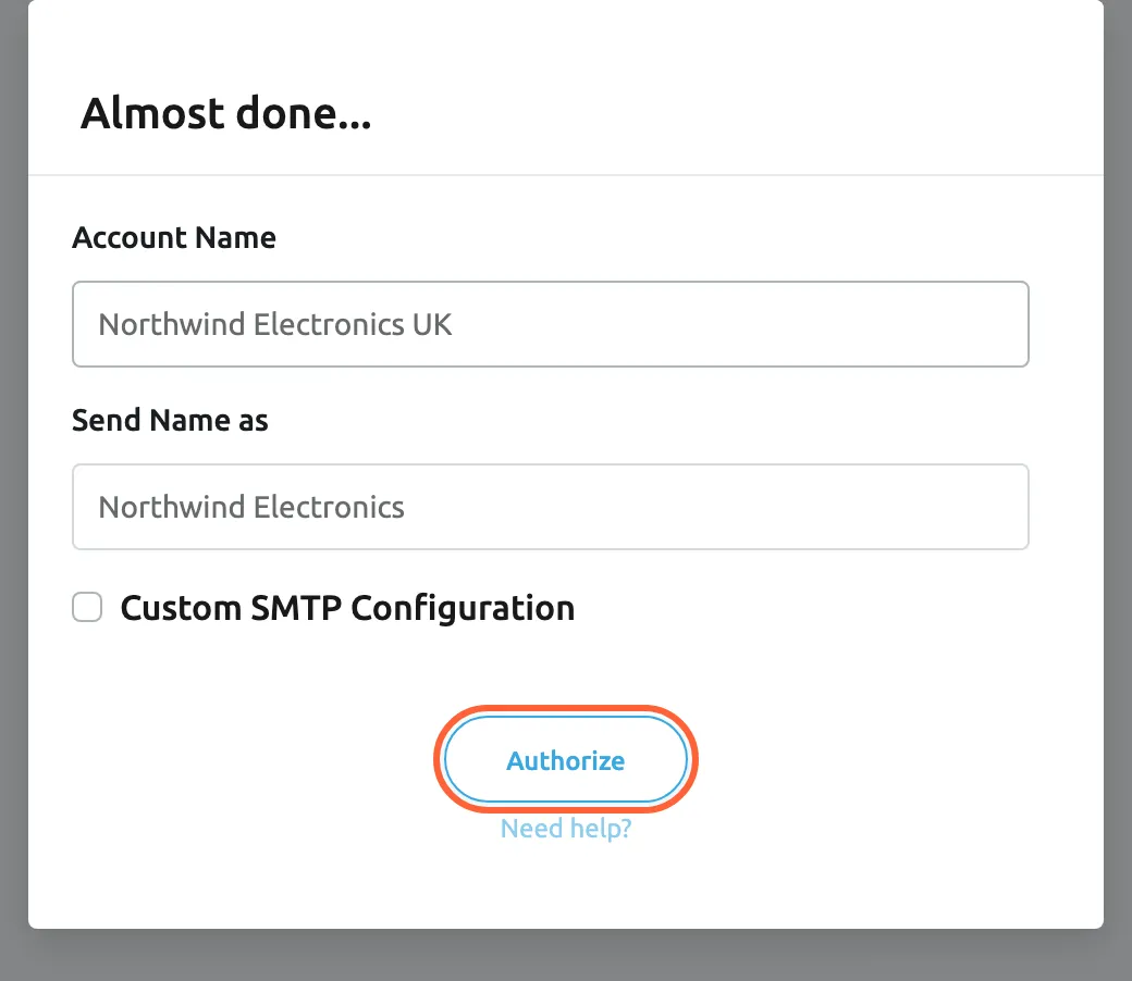The Almost done... dialog that Replyco shows after Amazon returns you from Seller Central. Account Name is filled in with Northwind Electronics UK and Send Name as with Northwind Electronics; the Custom SMTP Configuration check box is unticked. The Authorize button below the fields is highlighted; selecting it saves the Amazon account in Replyco.