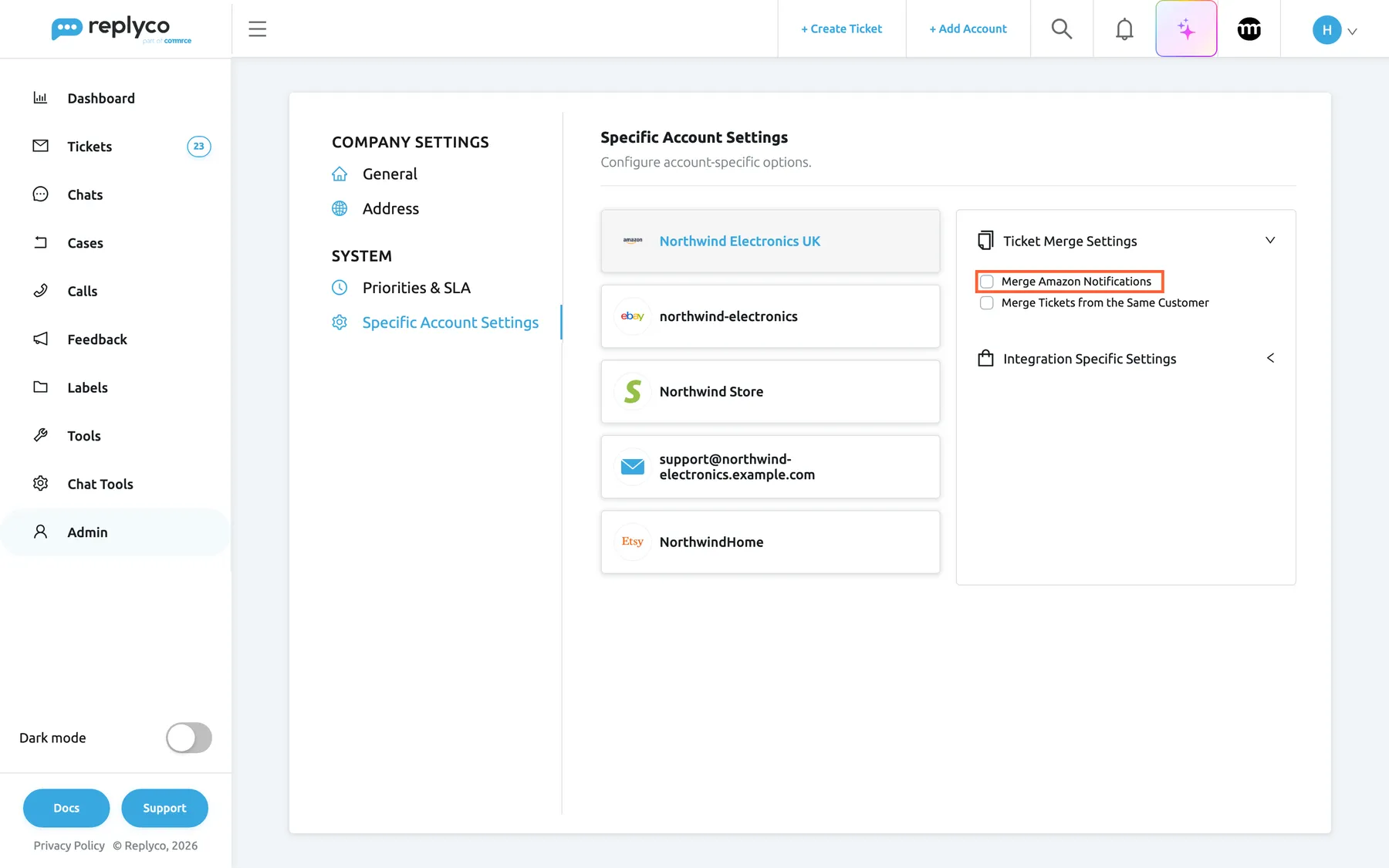 The Specific Account Settings tab of Company Settings in Replyco with the Amazon account Northwind Electronics UK selected at the top of the account list. On the right, the Ticket Merge Settings section is open and shows two boxes, both clear, which is how every account starts: Merge Amazon Notifications, which is highlighted, and Merge Tickets from the Same Customer. Integration Specific Settings is collapsed below them. Merge Amazon Notifications can be ticked and saved, but it does not change how Amazon messages are sorted into tickets: every notification from Amazon still opens a ticket of its own.