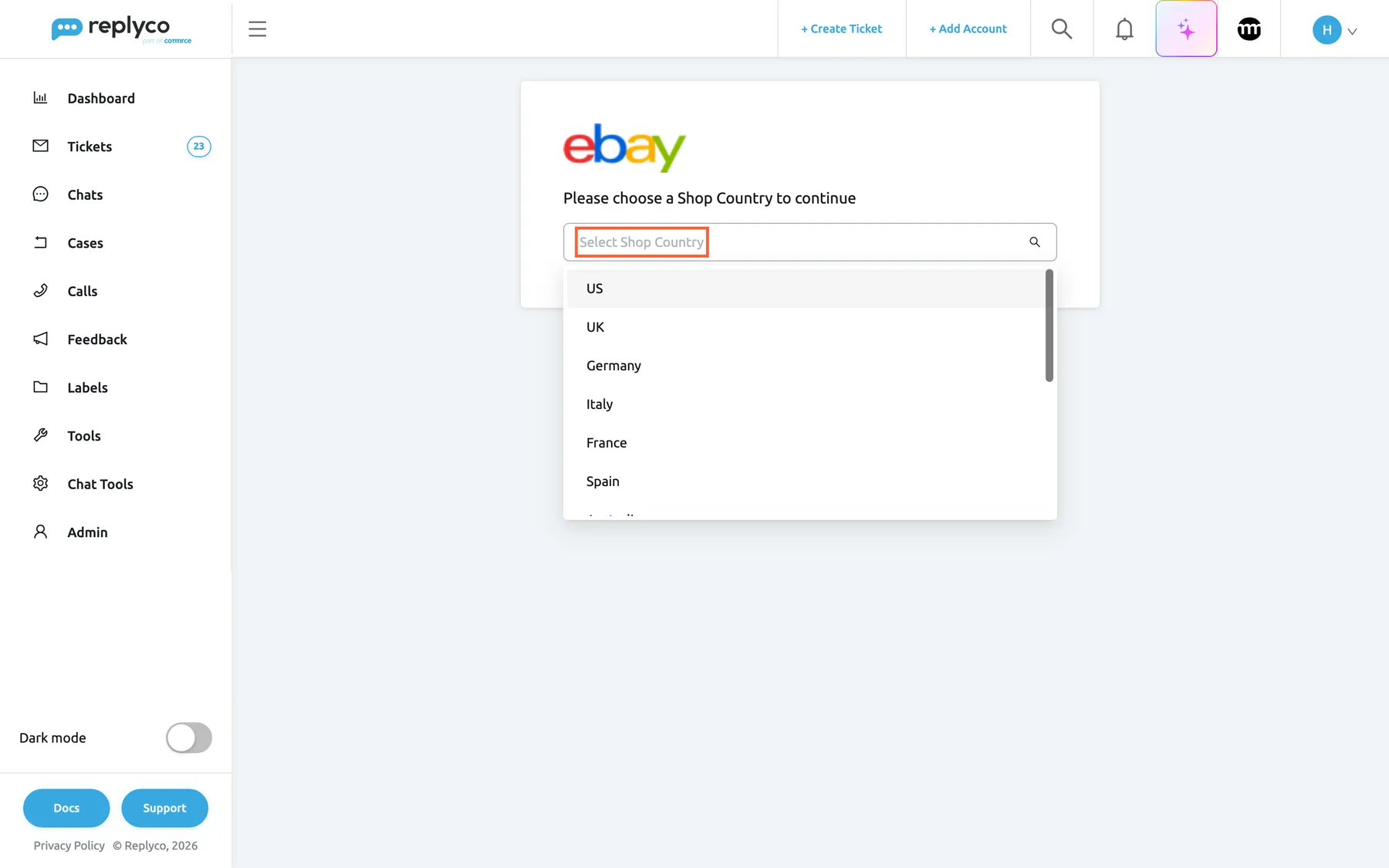 The page Replyco shows when eBay sends you back after you signed in and approved access. Under the eBay logo it says Please choose a Shop Country to continue, and the Select Shop Country drop-down is highlighted and open, listing US, UK, Germany, Italy, France and Spain, with more countries further down. Picking a country saves the eBay account straight away, without a further button, and Replyco confirms it with Account successfully saved.