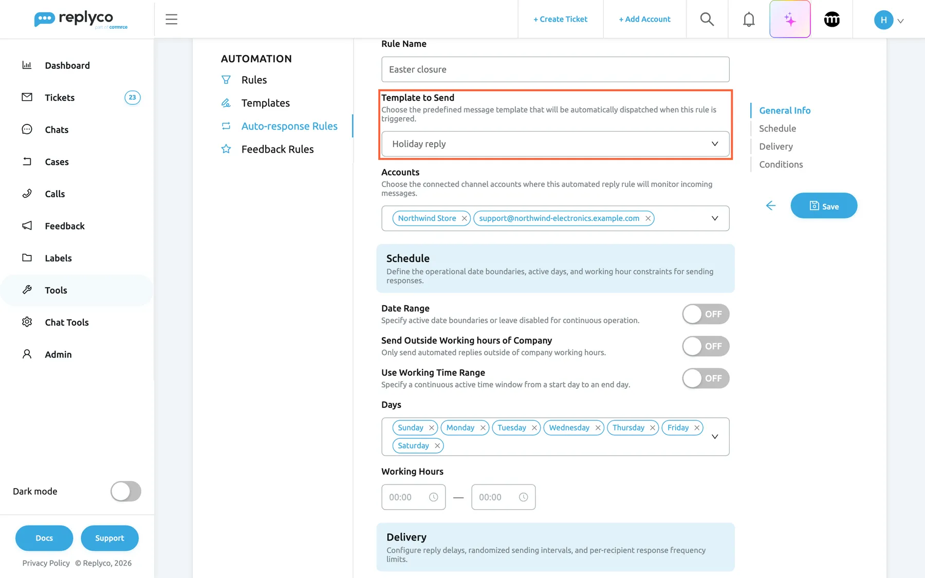The General Info part of the Create Auto-response Rule form on the Auto-response Rules tab, scrolled so that Rule Name is at the top; it holds "Easter closure". The highlighted field Template to Send, with its description, shows "Holiday reply", the reply template the rule will send. Accounts lists Northwind Store and support@northwind-electronics.example.com, each with a cross. Below, the Schedule section shows Date Range, Send Outside Working hours of Company and Use Working Time Range switched off, Days with all seven days, and Working Hours 00:00 to 00:00. On the right are the contents list and the Save button.