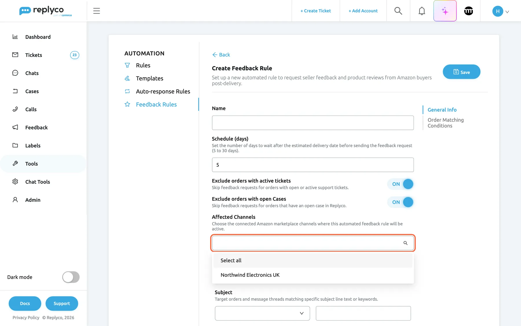 The Create Feedback Rule form on the Feedback Rules tab, with Back, the heading Create Feedback Rule and the Save button at the top. Name is empty. Schedule (days) shows the default 5, with the explanation that it takes 5 to 30 days. The switches Exclude orders with active tickets and Exclude orders with open Cases are both ON. The highlighted Affected Channels field is open and lists only Select all and the Amazon account "Northwind Electronics UK", because feedback rules work for Amazon accounts only. On the right, a contents list links General Info and Order Matching Conditions.