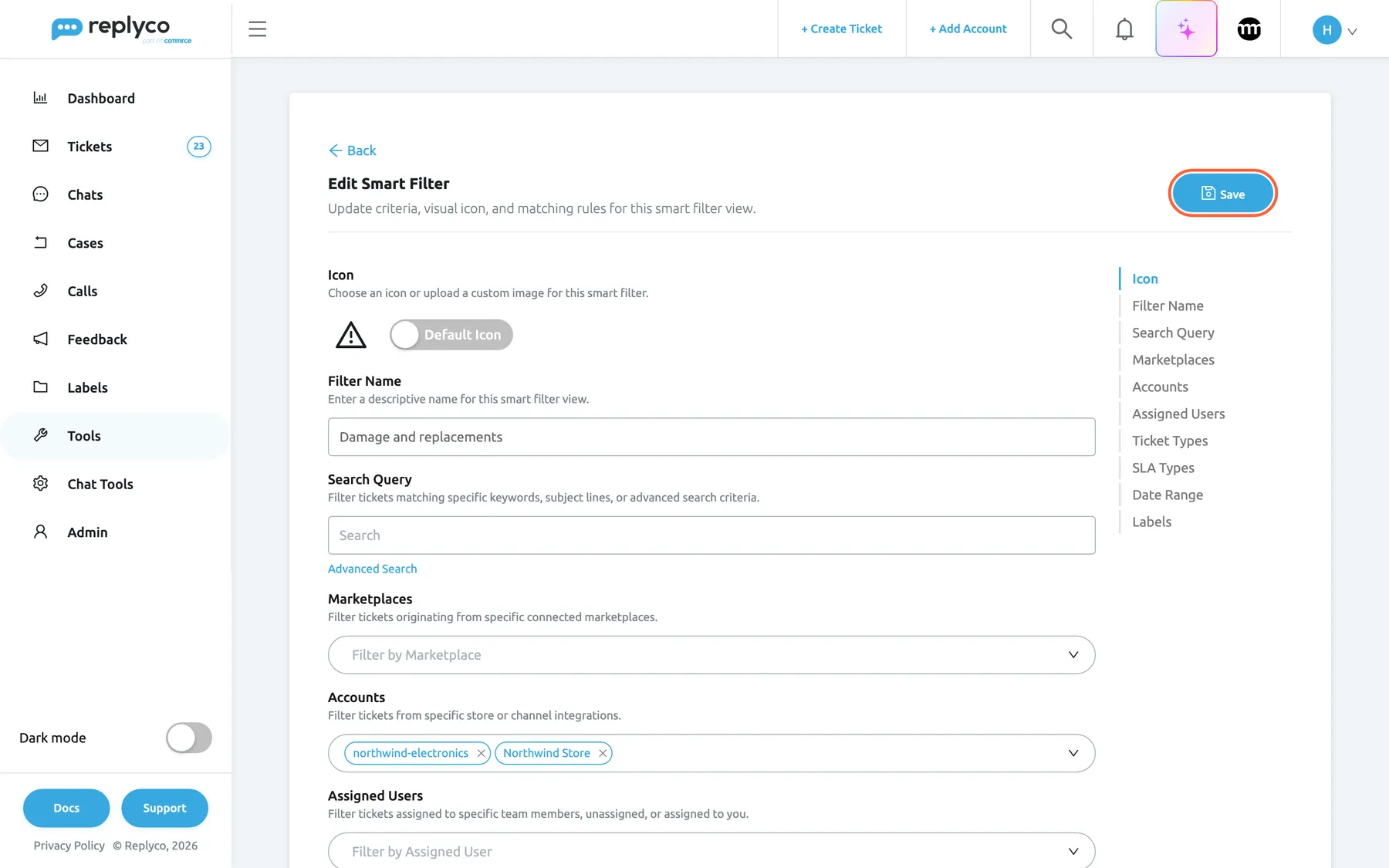 The Edit Smart Filter form for Damage and replacements, which replaces the list. At the top are Back, the heading Edit Smart Filter with the description "Update criteria, visual icon, and matching rules for this smart filter view." and the highlighted Save button. The form starts with Icon (the warning triangle and a switch set to Default Icon), Filter Name holding Damage and replacements, Search Query with an empty search box and the Advanced Search link, Marketplaces with Filter by Marketplace empty, Accounts with northwind-electronics and Northwind Store, and Assigned Users. On the right, a table of contents lists all ten sections.