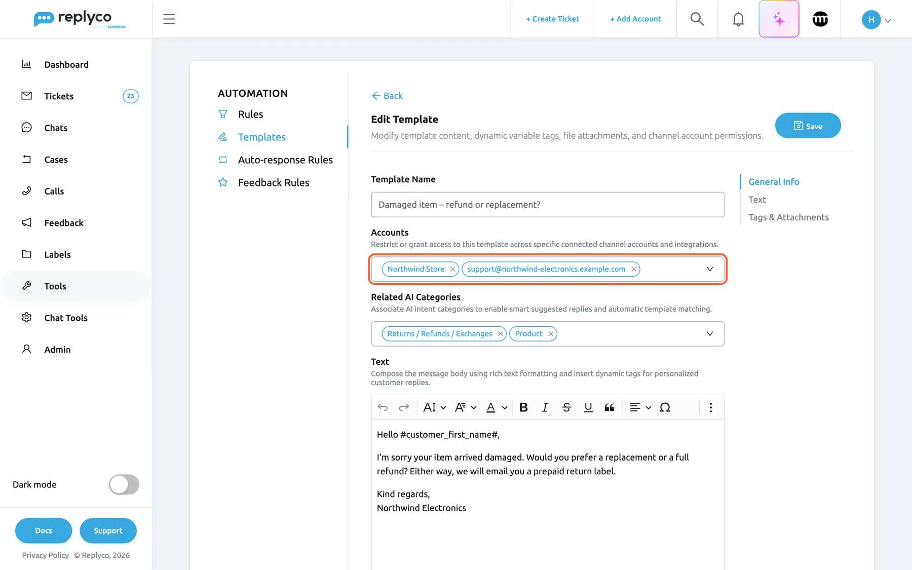 The Edit Template form on the Templates tab for "Damaged item – refund or replacement?". Under General Info, the highlighted Accounts field holds two accounts, Northwind Store and the support mailbox support@northwind-electronics.example.com, so only tickets from those two accounts offer this template in the reply editor. Below it, Related AI Categories holds Returns / Refunds / Exchanges and Product, which the reply editor compares with a ticket's categories to rank and suggest the template. The Text editor further down shows the template's greeting with the placeholder #customer_first_name#. Save is at the top right.