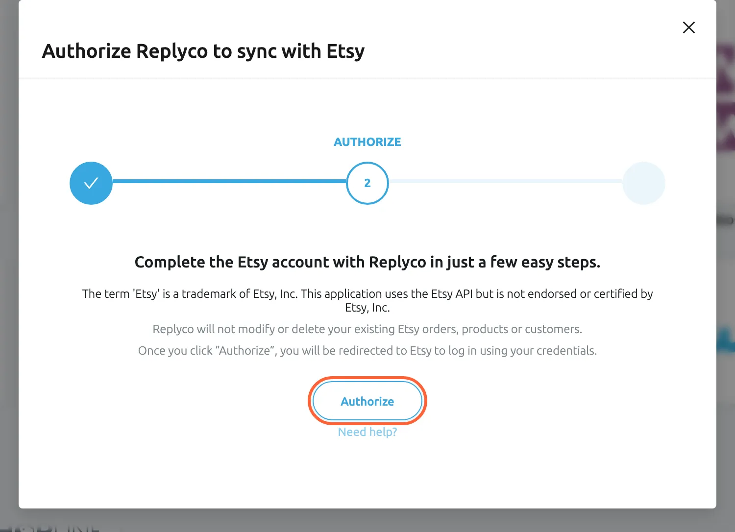 The dialog Authorize Replyco to sync with Etsy at its second step, AUTHORIZE; the first step shows a tick. The dialog says to complete the Etsy account in a few easy steps, notes that the term Etsy is a trademark of Etsy, Inc. and that the application uses the Etsy API without being endorsed by Etsy, and says that Replyco will not modify or delete your Etsy orders, products or customers. The Authorize button is highlighted; selecting it opens Etsy in a new browser tab to sign in and allow access.