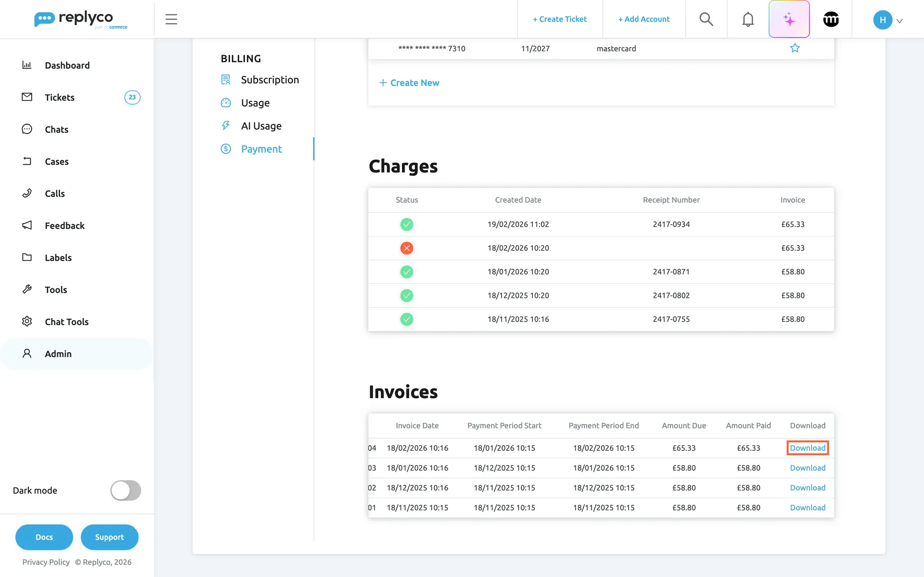 The Invoices table on the Payment tab of Billing, scrolled to the right so that its last column shows and the invoice numbers are cut off at the left. Four invoices are listed, newest first, with Invoice Date, Payment Period Start, Payment Period End, Amount Due, Amount Paid and a Download link: the invoice of 18/02/2026 for 18/01/2026 to 18/02/2026, £65.33 due and paid, then the invoices of 18 January, 18 December and 18 November. The Download link of the newest invoice is highlighted; it saves the invoice as a PDF. The Charges table ends above.