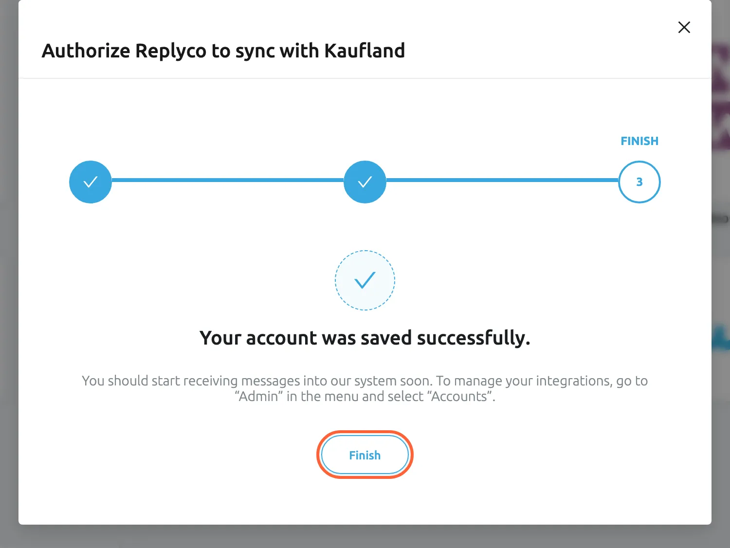 The dialog Authorize Replyco to sync with Kaufland at its last step, FINISH; the first two steps show ticks. A check mark sits above the message Your account was saved successfully, followed by the note that you should start receiving messages soon and that you manage your integrations under Admin, Accounts. The Finish button is highlighted; selecting it closes the dialog and leaves the new Kaufland account in your list of accounts.