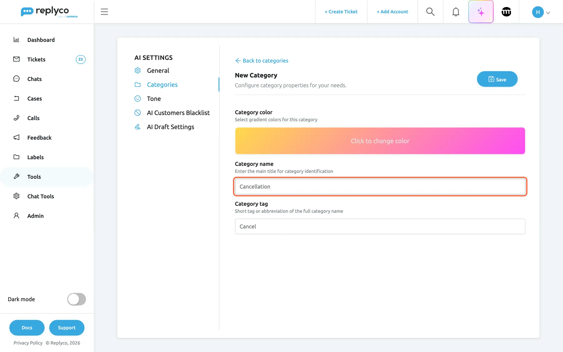 The New Category form on the Categories tab of AI Settings, which replaces the list after Create New. Back to categories sits above the heading New Category and its description "Configure category properties for your needs.", and the blue Save button is at the top right. Category color shows a gradient bar with the text "Click to change color". Under Category name, the highlighted text box with the placeholder Name holds "Cancellation", the name the AI chooses by. Under Category tag, the box with the placeholder Tag holds "Cancel", the short text tickets show.