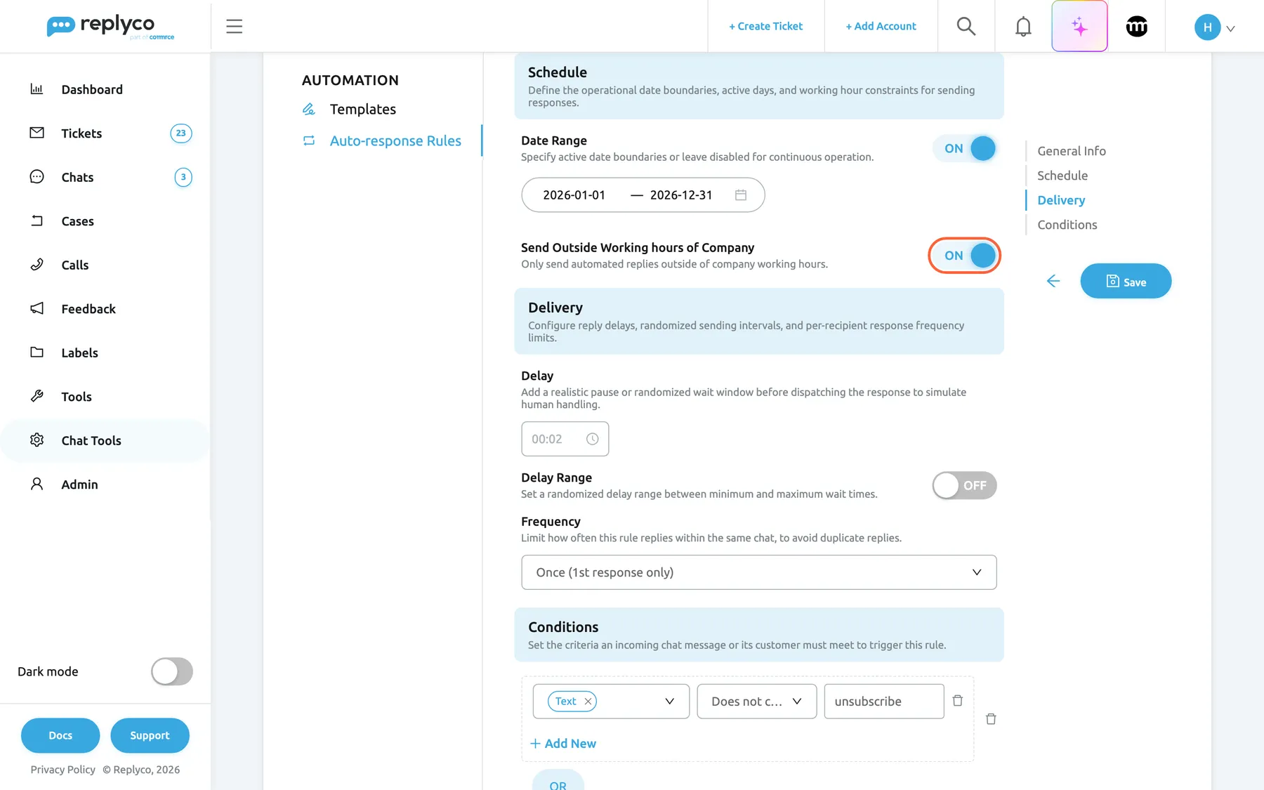 The Schedule and Delivery sections of the form for the chat rule Out of hours in Replyco. Date Range is ON with 2026-01-01 — 2026-12-31. The highlighted switch Send Outside Working hours of Company is ON, with the description "Only send automated replies outside of company working hours."; because it is on, the fields Use Working Time Range, Days and Working Hours are hidden. Under Delivery, Delay shows 00:02, Delay Range is OFF and Frequency is Once (1st response only). The Conditions section starts below with Text, Does not contain and unsubscribe.