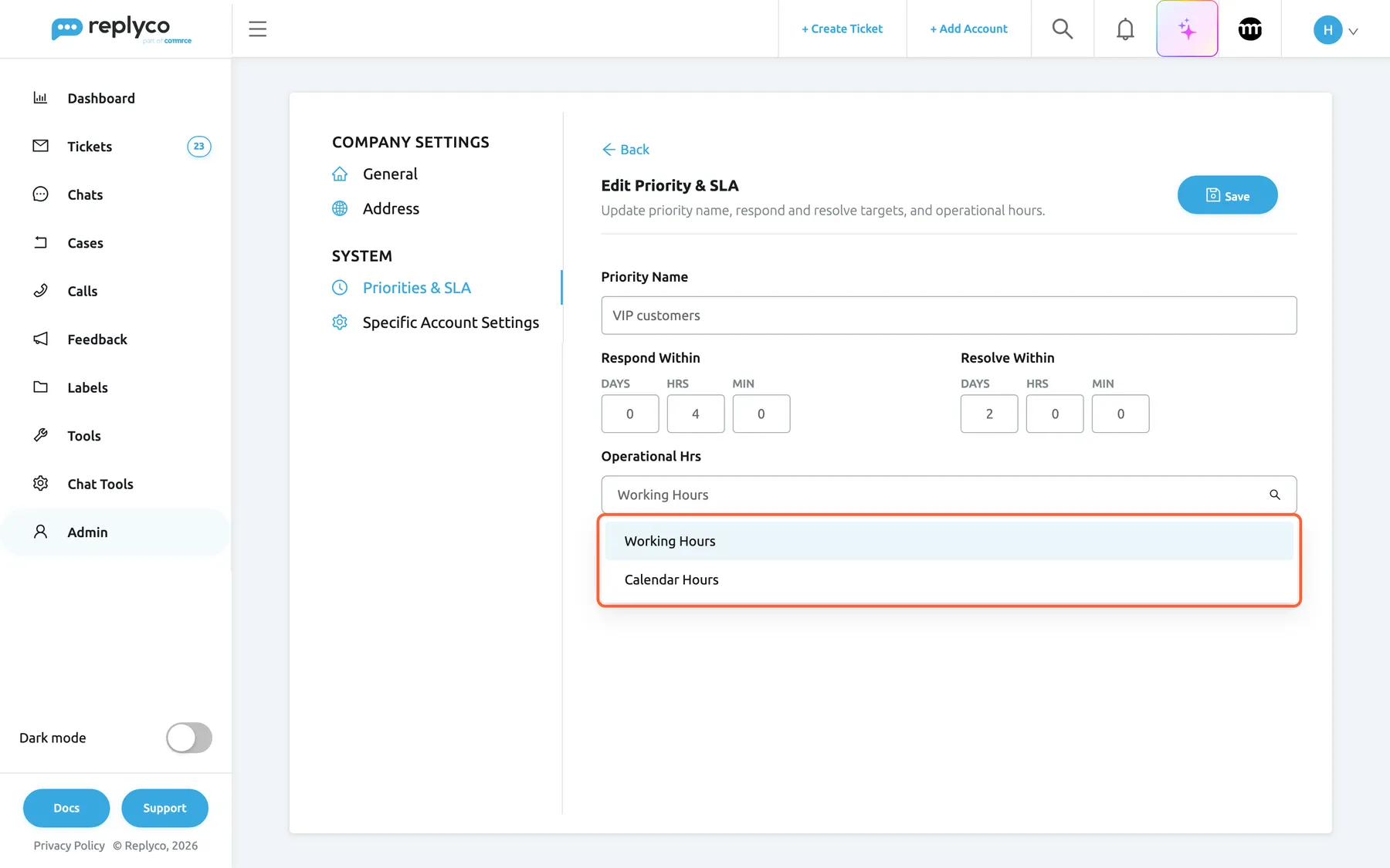 The form Edit Priority & SLA for the priority VIP customers on the Priorities & SLA tab of Company Settings. Respond Within reads 0 days, 4 hrs, 0 mins and Resolve Within 2 days, 0 hrs, 0 mins. Under Operational Hrs the list is open and highlighted, with two options: Working Hours, the current choice, and Calendar Hours. With Working Hours, both targets of the priority count only your company's working time; Save at the top right keeps the choice.