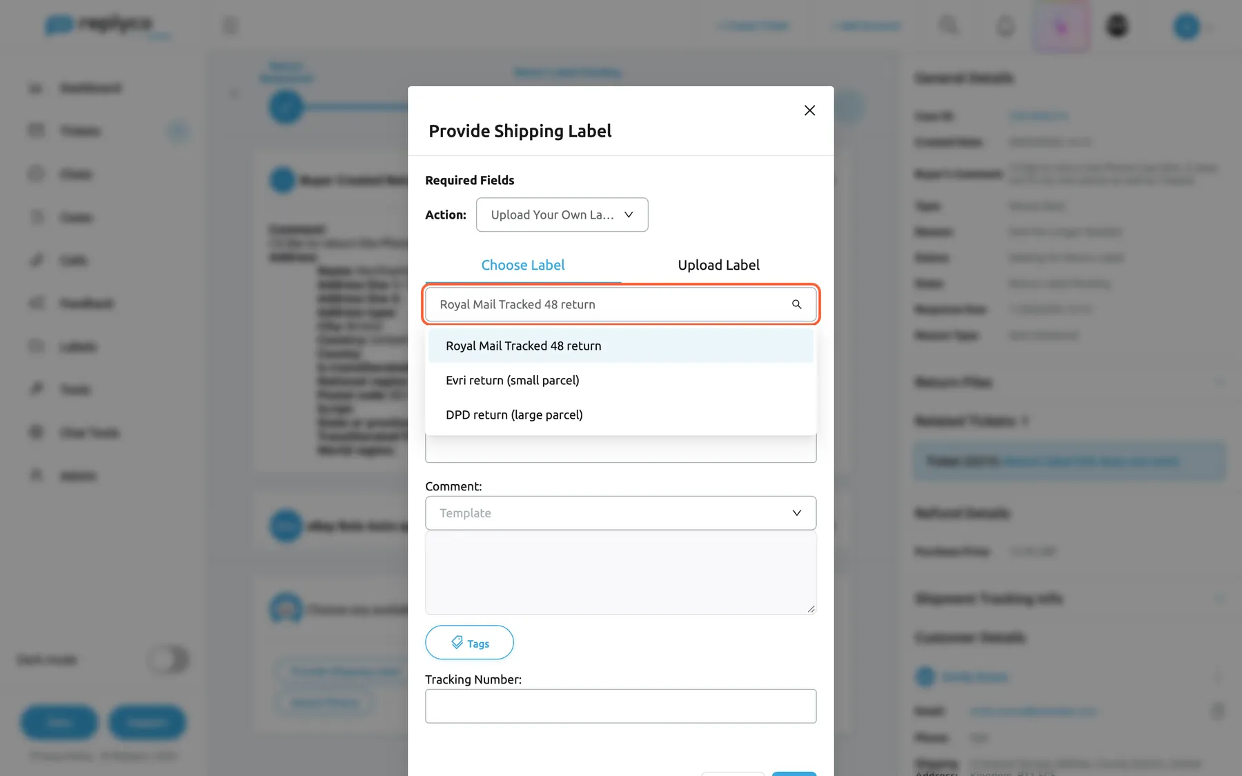 The Provide Shipping Label form over the case screen of return 5301846219. Under Required Fields, Action is set to Upload Your Own Label, and the tab Choose Label is selected. Its select, highlighted and open, lists the three labels of the company's shipping-label library: Royal Mail Tracked 48 return (preselected), Evri return (small parcel) and DPD return (large parcel). Below are Carrier set to OTHER and, under Optional Fields, Carrier Name, Comment with a Template select and Tags, and Tracking Number. The tab Upload Label takes a new file instead.