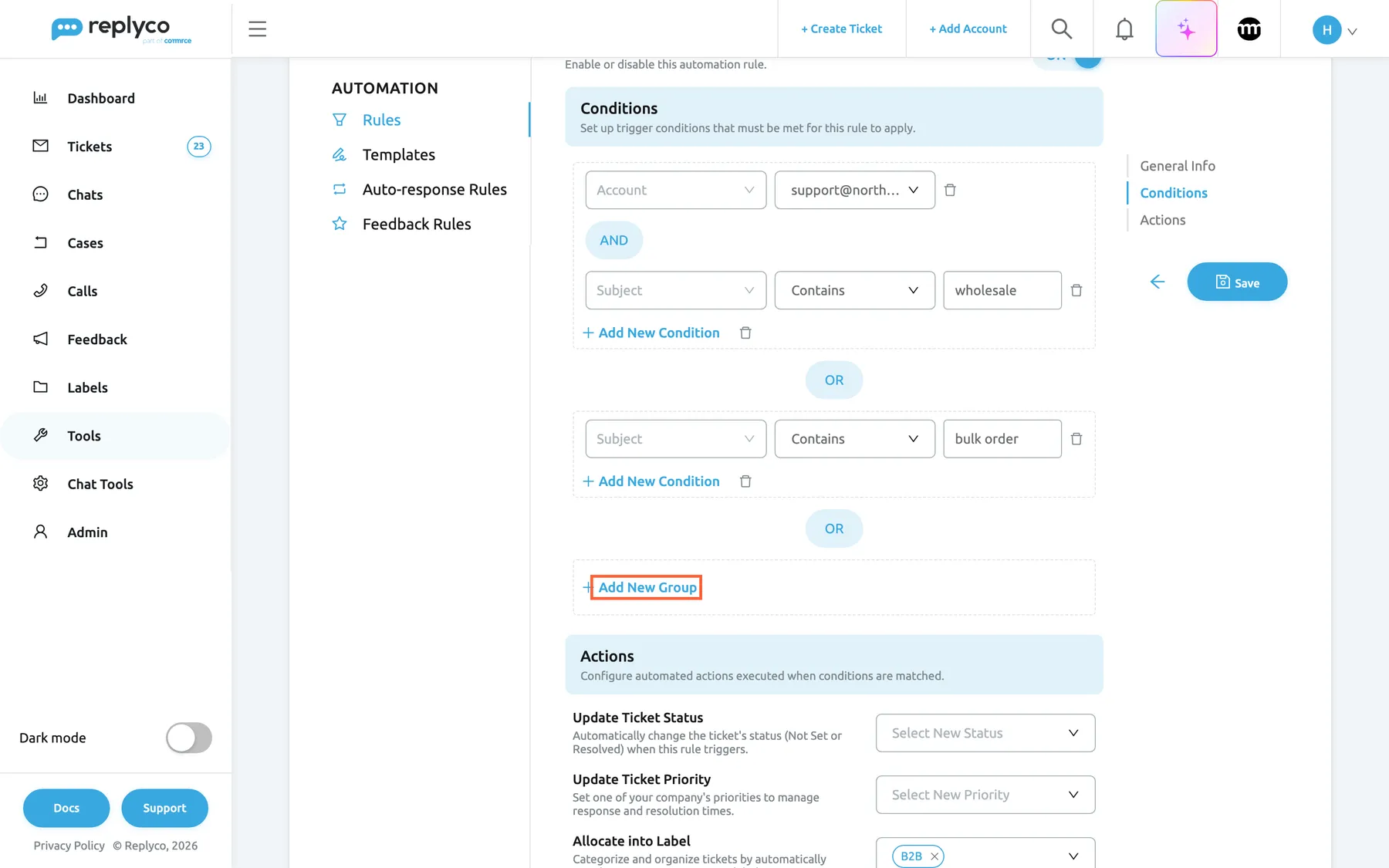 The Edit Rule form for "B2B" on the Rules tab, scrolled to the Conditions section. The first group holds two condition rows joined by AND: Account set to the support mailbox and Subject Contains "wholesale". Below the group an OR badge leads to the second group with one row, Subject Contains "bulk order". Each row has a bin icon, each group has Add New Condition and its own bin icon. The highlighted Add New Group button at the bottom starts another alternative group. On the right, the contents list and the Save button.