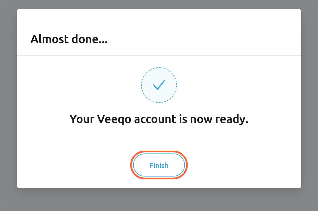 The page Veeqo returns you to after you approve Replyco, /integrations/veeqo/success, with the dialog Almost done... A blue check mark stands above the line "Your Veeqo account is now ready.": Replyco has saved the account, named Veeqo. The Finish button at the bottom is highlighted; selecting it closes the dialog and opens the Replyco home page. The new account is listed under Admin, Accounts.