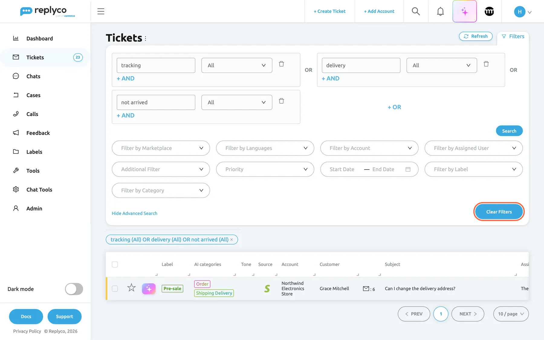 The ticket list in Replyco, opened from the Smart Filter card Delivery questions, with the Filters panel open. The panel shows the filter's advanced search as three boxes joined by OR: "tracking", "delivery" and "not arrived", each searching All fields, with + AND in each box, + OR and a Search button. Below are the empty drop-downs Filter by Marketplace, Filter by Languages, Filter by Account, Filter by Assigned User, Additional Filter, Priority, the date range, Filter by Label and Filter by Category, the link Hide Advanced Search and, highlighted at the bottom right, Clear Filters. Under the panel are the filter tag and the one matching ticket.