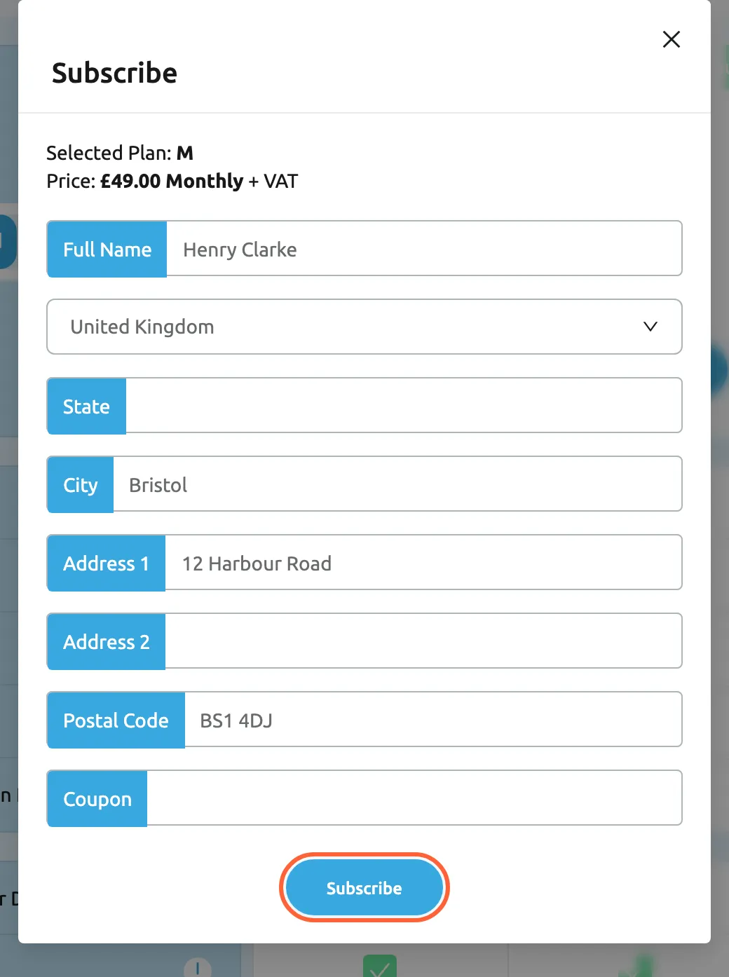 The Subscribe dialog for the M plan. At the top, Selected Plan: M and Price: £49.00 Monthly + VAT. The fields below are filled in: Full Name Henry Clarke, the country United Kingdom, an empty State, City Bristol, Address 1 12 Harbour Road, an empty Address 2, Postal Code BS1 4DJ and an empty Coupon. The Subscribe button at the bottom is highlighted; it asks once more before it takes you to the payment page of Replyco's payment provider, where you enter your card.