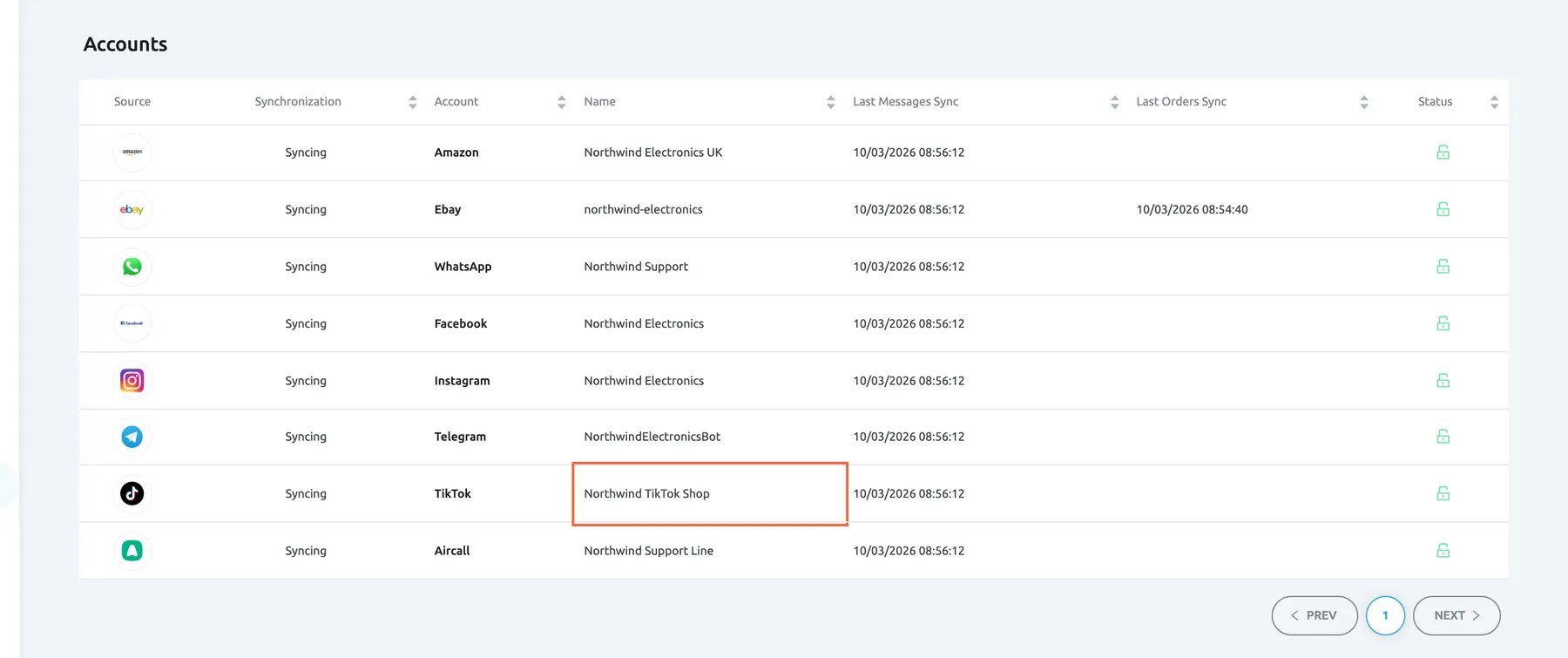 The Accounts screen in Replyco, opened from Admin › Accounts, listing eight connected accounts, all Syncing with a green open lock under Status: Amazon, Ebay, WhatsApp "Northwind Support", Facebook "Northwind Electronics", Instagram "Northwind Electronics", Telegram "NorthwindElectronicsBot", TikTok "Northwind TikTok Shop" and Aircall "Northwind Support Line". The name Northwind TikTok Shop in the TikTok row is highlighted: each authorised TikTok Shop becomes one account named after the shop. Selecting the row opens its details.