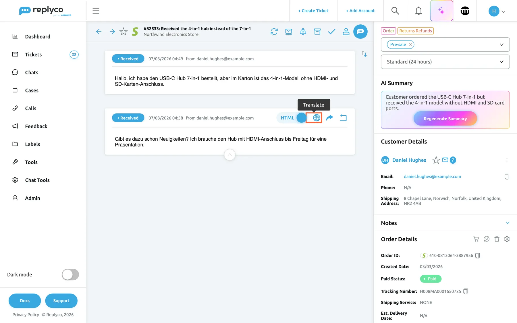 A ticket open in Replyco: #32533 "Received the 4-in-1 hub instead of the 7-in-1" from a Shopify store, with two received customer messages written in German. The second, open message begins "Gibt es dazu schon Neuigkeiten?". In its header, to the right of the HTML switch, the globe icon is highlighted and its tooltip reads "Translate". Selecting it translates this message into your message language. The forward and reply icons follow it; the customer, AI summary and order panels are on the right.