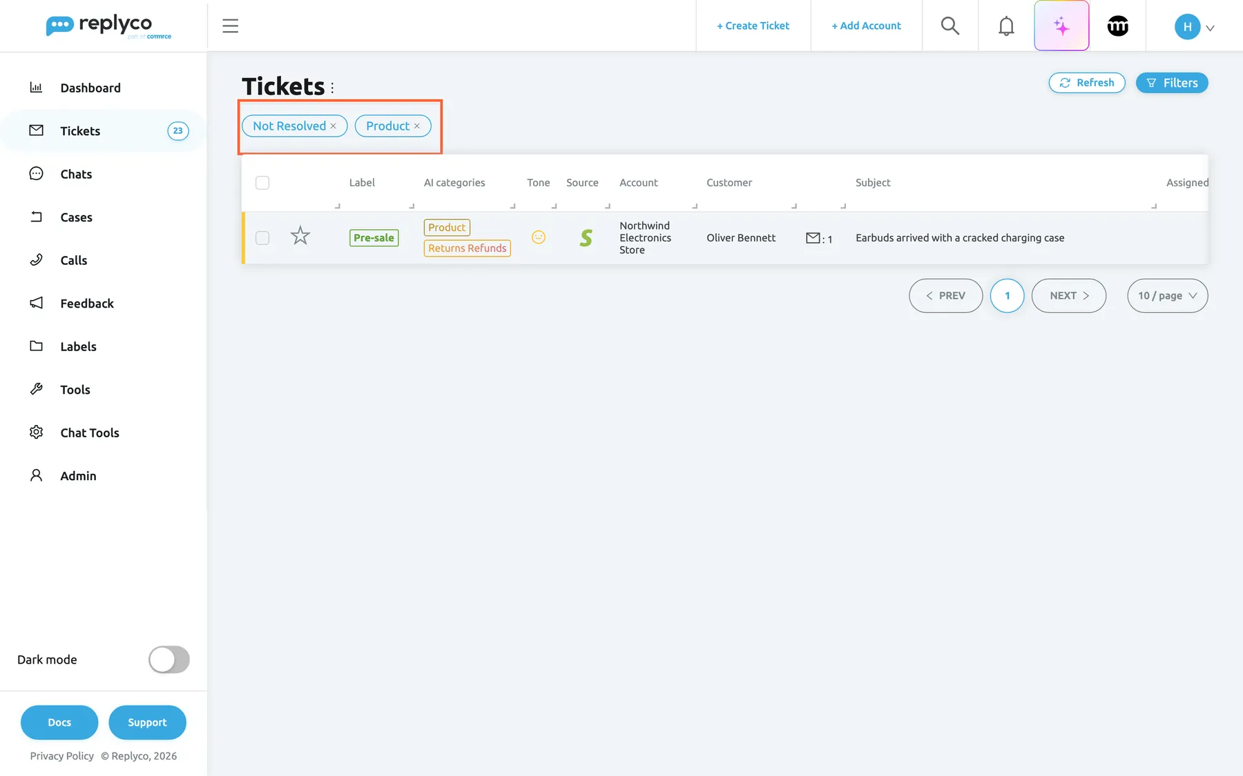 The ticket list in Replyco after selecting the AI category card Product. Under the heading Tickets the row of filter tags is highlighted: "Not Resolved" and "Product", each with a cross to remove it. The table holds the one open ticket in that category, "Earbuds arrived with a cracked charging case" from Oliver Bennett on the account Northwind Electronics Store, with the Pre-sale label, the AI categories Product and Returns Refunds, a yellow tone face and a yellow deadline stripe. Refresh and Filters are at the top right and paging shows one page.