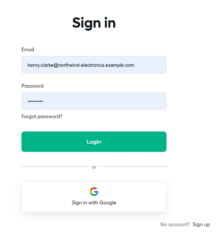 Aircall's "Sign in" page, which opens in a new browser tab after you select Authorize in Replyco. The "Email" field holds the Aircall login's email address and the "Password" field shows dots, with "Forgot password?" below. The green "Login" button signs you in; under "or", "Sign in with Google" is the alternative, and "No account? Sign up" sits at the bottom right. Sign in with an Aircall login that has admin rights for your Aircall company.