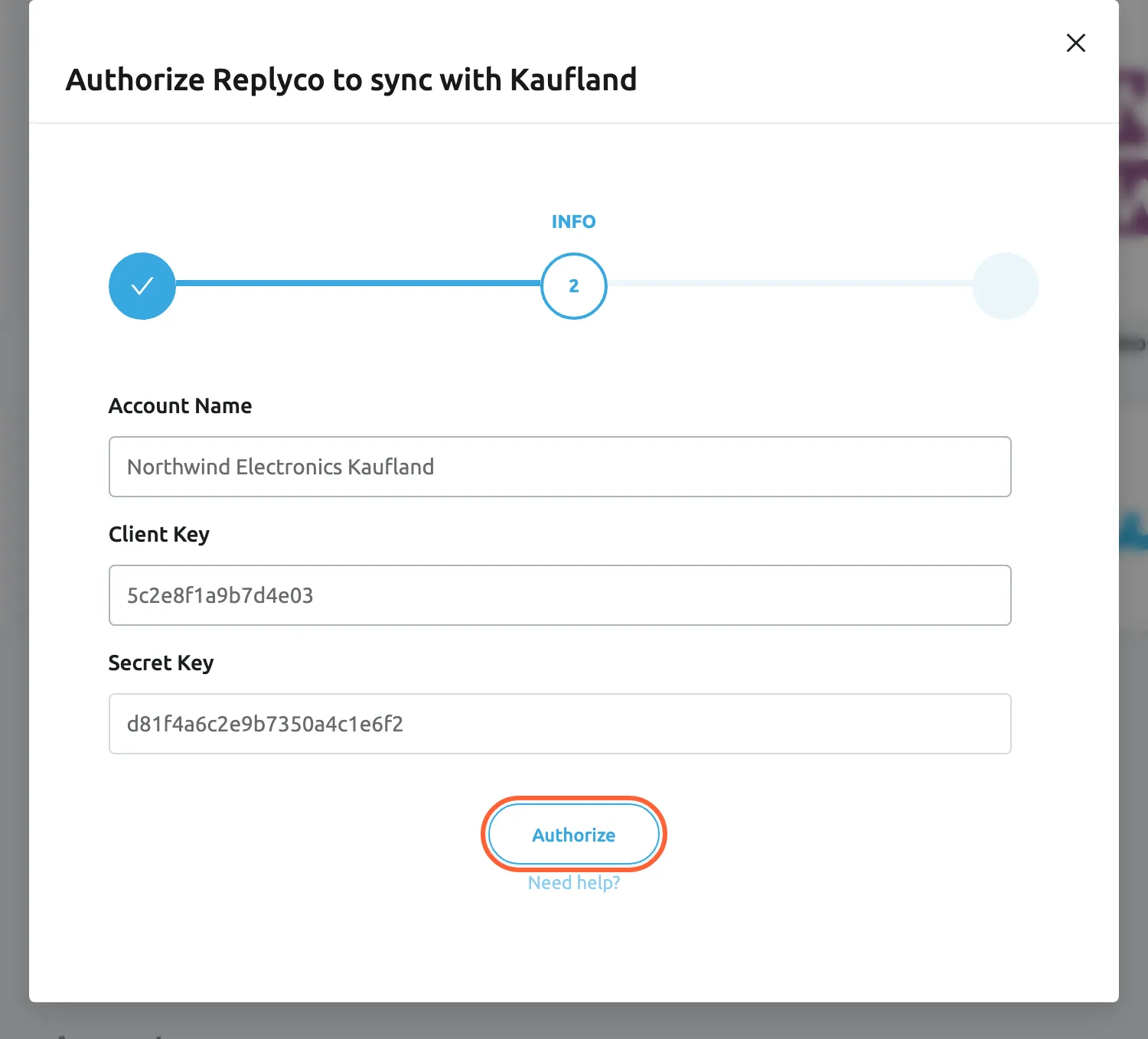 The dialog "Authorize Replyco to sync with Kaufland" at step 2, INFO. Account Name is filled in with Northwind Electronics Kaufland, Client Key with 5c2e8f1a9b7d4e03 and Secret Key with d81f4a6c2e9b7350a4c1e6f2, the API keys of the Kaufland seller account. The Authorize button below the fields is highlighted; selecting it checks the keys with Kaufland and saves the account. A Need help? link follows.
