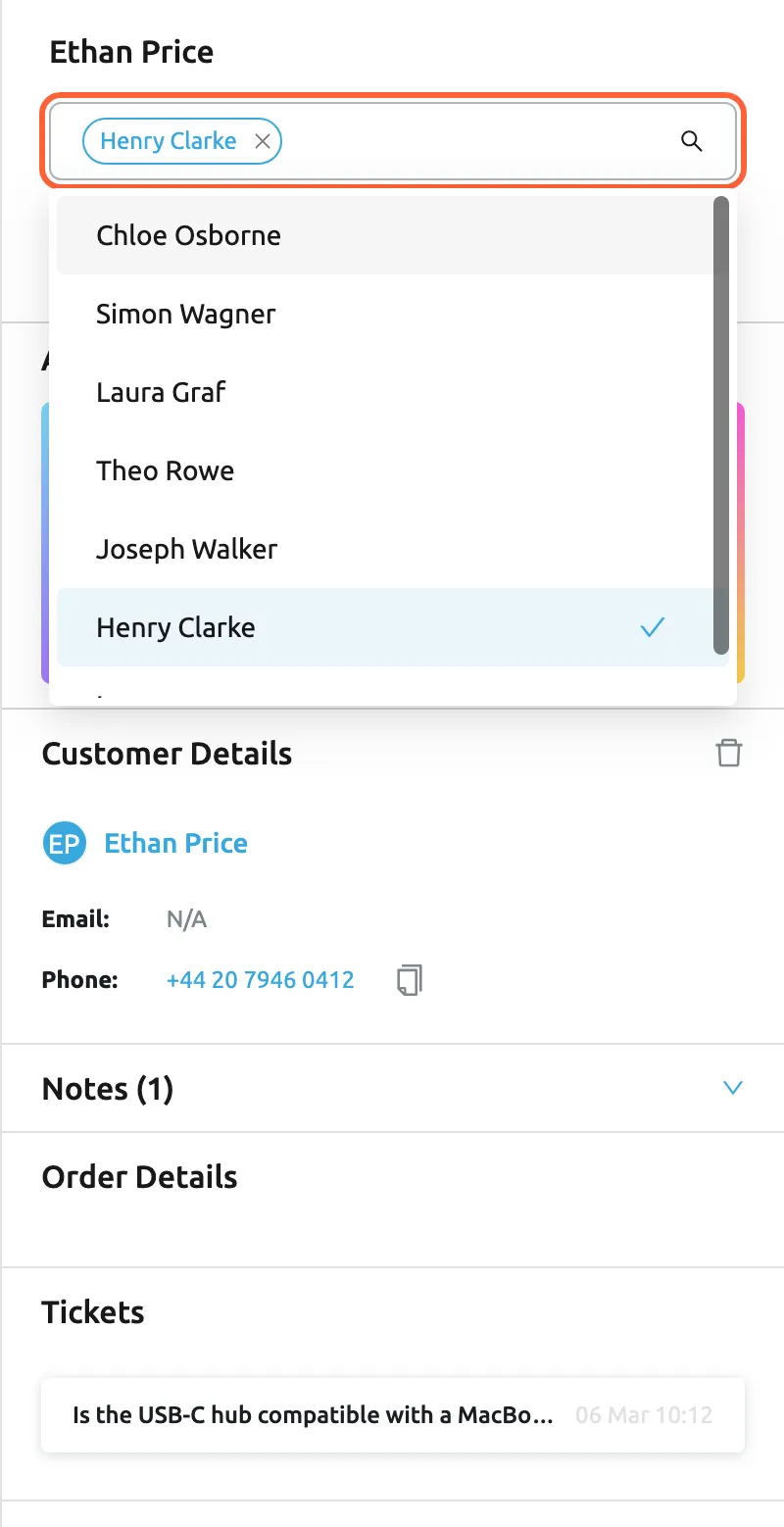 The side panel of a WhatsApp chat in Replyco, below the customer's name Ethan Price. The Assigned select at the top is open and highlighted: Henry Clarke is already chosen as a tag with an x, and the list below shows the team, Chloe Osborne, Simon Wagner, Laura Graf, Theo Rowe, Joseph Walker and Henry Clarke with a tick. Selecting a name adds that colleague to the chat at once; the x on a tag removes them. A chat can have several assignees.