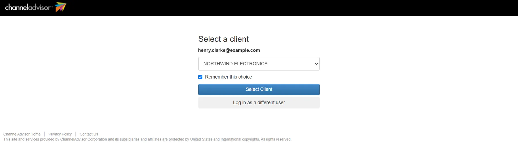 ChannelAdvisor's "Select a client" page, which follows the sign-in in the tab that opened from Replyco. Under the heading, the signed-in user's email is shown in bold, then a drop-down list with the chosen client, your company in ChannelAdvisor, and a ticked "Remember this choice" checkbox. The blue "Select Client" button continues; "Log in as a different user" is below it. ChannelAdvisor's footer links sit at the bottom left.