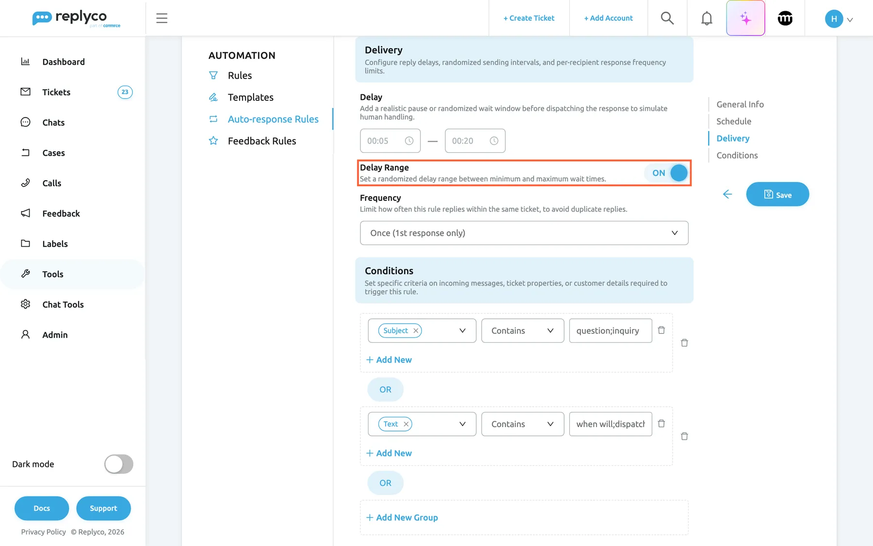The Delivery section of the Edit Auto-response Rule form for "First reply to marketplace questions". Under Delay two time boxes read 00:05 and 00:20. The highlighted row Delay Range is on, with the description "Set a randomized delay range between minimum and maximum wait times.", so each reply waits a random time between 5 and 20 minutes. Frequency shows Once (1st response only). Below, Conditions holds two groups joined by OR: Subject contains "question;inquiry", and Text contains "when will;dispatch".