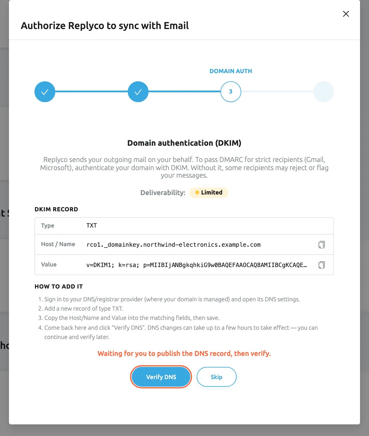 The DOMAIN AUTH step, the third of four, in the window Authorize Replyco to sync with Email. Under Domain authentication (DKIM) a text explains that Replyco sends your outgoing mail on your behalf and that strict recipients such as Gmail and Microsoft need DKIM to pass DMARC. Deliverability: Limited shows a yellow dot. The DKIM record box lists Type TXT, Host / Name rco1._domainkey.northwind-electronics.example.com and a Value that starts v=DKIM1; k=rsa; p=, each with a copy icon. How to add it lists four steps. In red: Waiting for you to publish the DNS record, then verify. The Verify DNS button is highlighted, next to Skip.