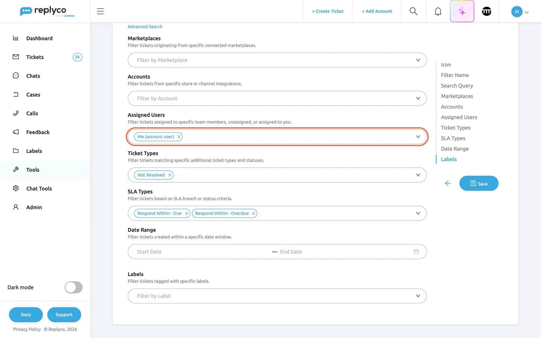The Edit Smart Filter form for Waiting for reply, scrolled down to its conditions with the table of contents. Marketplaces and Accounts are empty. Assigned Users, with the description "Filter tickets assigned to specific team members, unassigned, or assigned to you.", is highlighted and holds Me (account user). Below are Ticket Types with Not Resolved, SLA Types with Respond Within - Due and Respond Within - Overdue, Date Range with empty Start Date and End Date, and Labels with Filter by Label empty. On the right, the table of contents lists the ten sections, with a back arrow and Save under it.