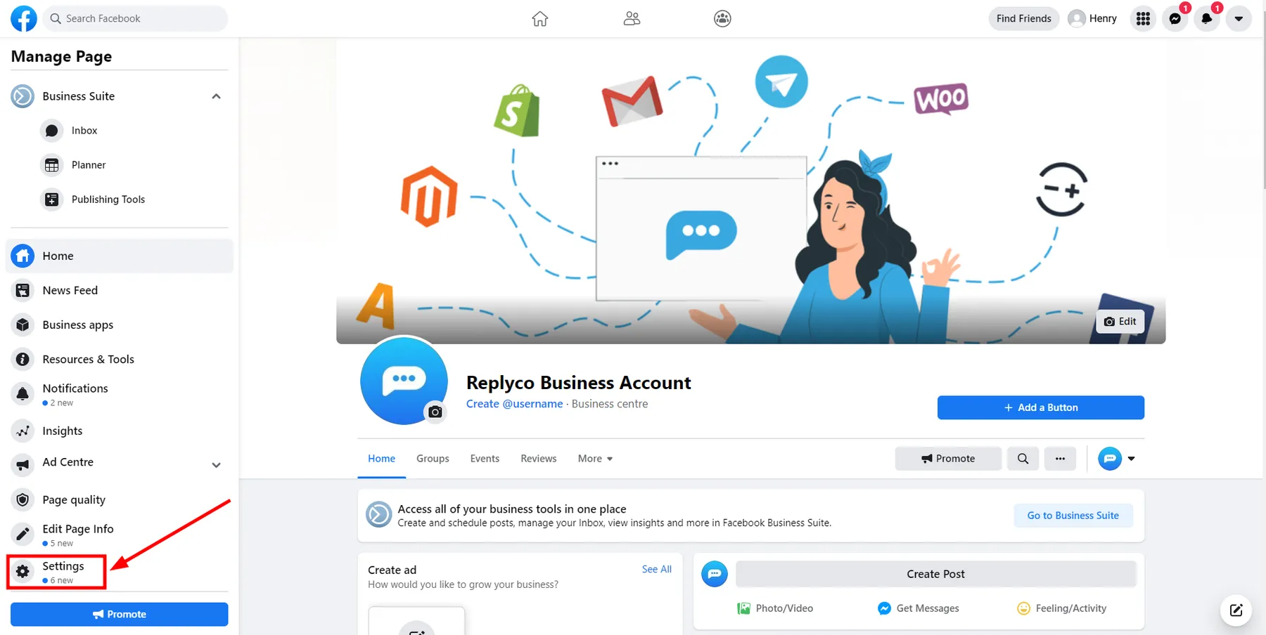 A business page on Facebook, opened by the person who manages it. The left column, headed "Manage Page", lists Business Suite with Inbox, Planner and Publishing Tools, then Home, News Feed, Business apps, Resources & Tools, Notifications, Insights, Ad Centre, Page quality and Edit Page Info. At the bottom, "Settings" is framed in red and pointed at by an arrow: it opens the page settings, where the Instagram tab links an Instagram account to the page. The page's cover image, name and "Add a Button" fill the rest of the screen.