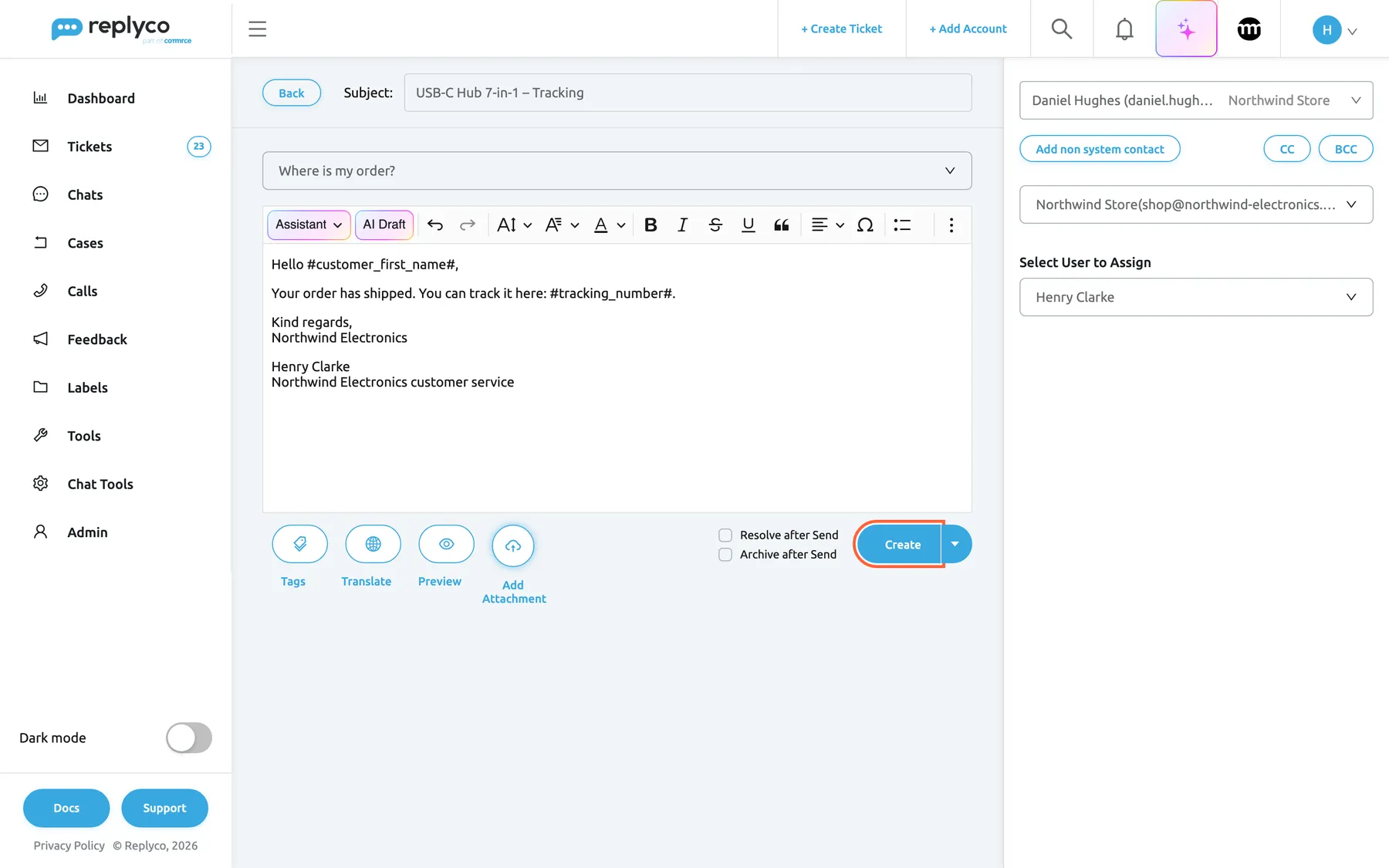The Create Ticket form filled in and ready to send. Subject reads "USB-C Hub 7-in-1 – Tracking" and the Template drop-down shows "Where is my order?". The text box holds the template: "Hello #customer_first_name#, Your order has shipped. You can track it here: #tracking_number#. Kind regards, Northwind Electronics", followed by the signature Henry Clarke, Northwind Electronics customer service. On the right, the recipient is Daniel Hughes with Northwind Store, the sender is Northwind Store and the ticket is assigned to Henry Clarke. The blue Create button at the bottom right is highlighted; it sends the message and opens the new ticket.