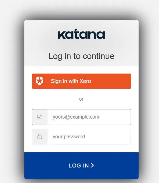 Katana's "Log in to continue" window, which opens in a new browser tab after you select Authorize in Replyco. Under the Katana logo, the orange "Sign in with Xero" button comes first, then "or" and two empty fields: the email address, with the placeholder yours@example.com, and "your password". The wide blue "LOG IN" button at the bottom signs you in with the email and password of your Katana login.