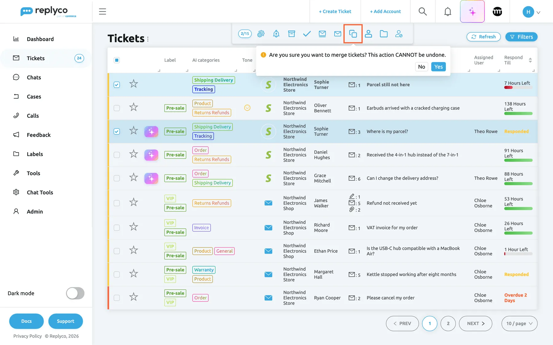 The Not Resolved ticket list in Replyco with two tickets from Sophie Turner on the account Northwind Electronics Store ticked and shaded blue: "Parcel still not here", a new unread ticket at the top with no label and nobody assigned, and "Where is my parcel?", labelled Pre-sale and assigned to Theo Rowe, two rows below. The bulk action bar at the top starts with the counter 2/15, and its Merge Tickets icon is highlighted. Under it a confirmation box asks "Are you sure you want to merge tickets? This action CANNOT be undone." with the buttons No and Yes. Yes merges both into the older ticket, "Where is my parcel?".