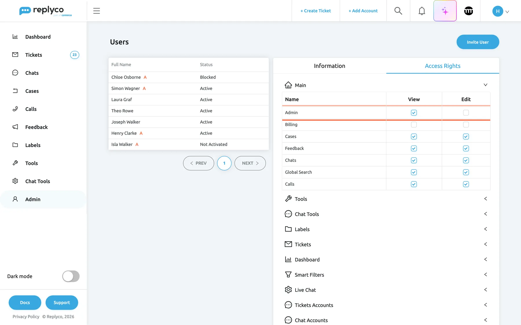 Laura Graf's Access Rights tab on the Users screen, with the Main section expanded. Its table has the columns Name, View and Edit. The Admin row is highlighted: View is ticked and Edit is clear, so Laura sees the Admin menu but cannot change company settings, AI settings or users. Billing has neither box ticked. Cases, Feedback, Chats, Global Search and Calls have Edit ticked, and their View boxes are ticked and locked. The sections Tools, Chat Tools, Labels, Tickets, Dashboard, Smart Filters, Live Chat, Tickets Accounts and Chat Accounts are collapsed below.
