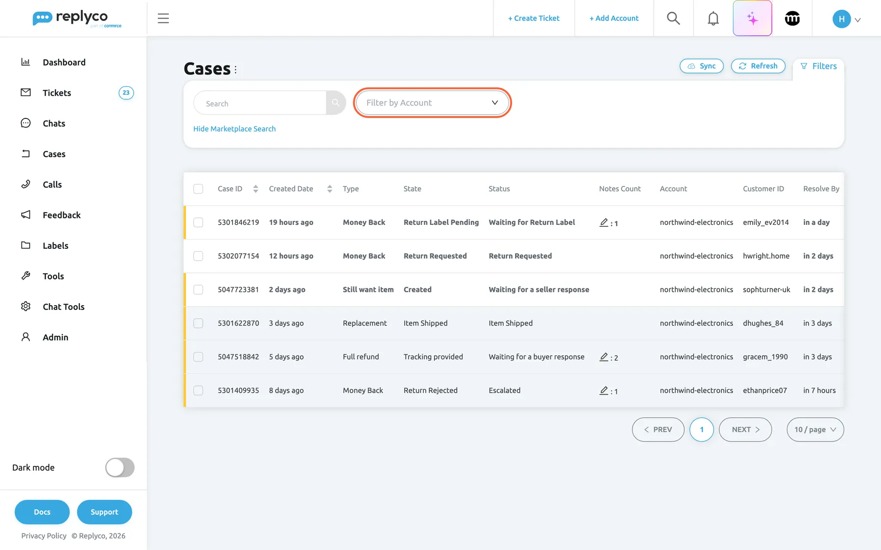 The Cases screen in Replyco after Show Marketplace Search in the filter panel. The panel now holds only the Search box and a single account select, highlighted, with the placeholder "Filter by Account"; the link below reads Hide Marketplace Search. To look a case up on eBay, choose the eBay account here, type the eBay case number in Search and press Enter; Replyco fetches the case from eBay and lists it. The six open cases of northwind-electronics stay in the table until you search.
