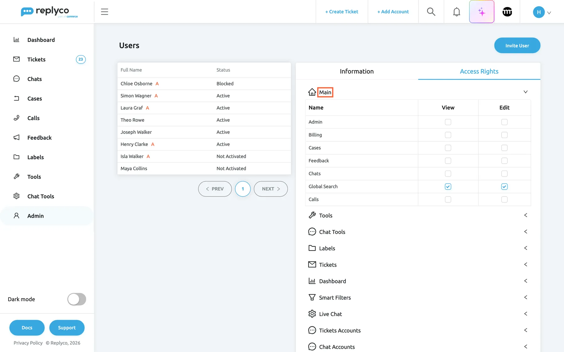 The Users screen with the new user Maya Collins at the bottom of the list, with the status Not Activated, and her details open. On the right, her Access Rights tab is open with the Main section expanded and highlighted. The table lists Admin, Billing, Cases, Feedback, Chats, Global Search and Calls with View and Edit boxes; only Global Search is ticked, as the User role gives. The sections Tools, Chat Tools, Labels, Tickets, Dashboard, Smart Filters, Live Chat, Tickets Accounts and Chat Accounts follow, collapsed.