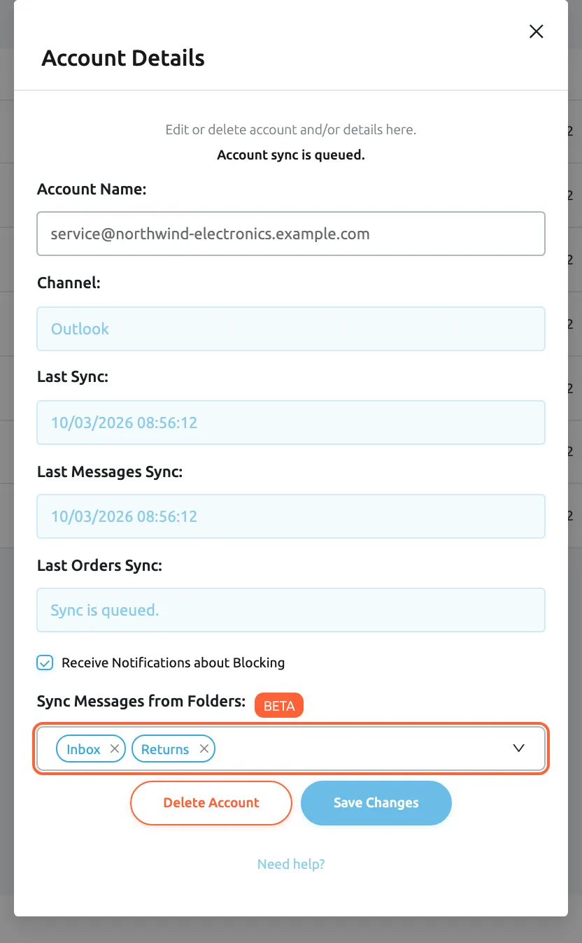 The Account Details dialog of the Outlook account service@northwind-electronics.example.com, opened from Admin, Accounts. It says Account sync is queued and lists Account Name: with the mailbox address, Channel: Outlook, Last Sync: and Last Messages Sync: 10/03/2026 08:56:12, and a ticked Receive Notifications about Blocking box. The box Sync Messages from Folders:, marked BETA, is highlighted and holds two chips, Inbox and Returns, so only those folders are synced. Below are the buttons Delete Account and Save Changes; there is no Edit button.