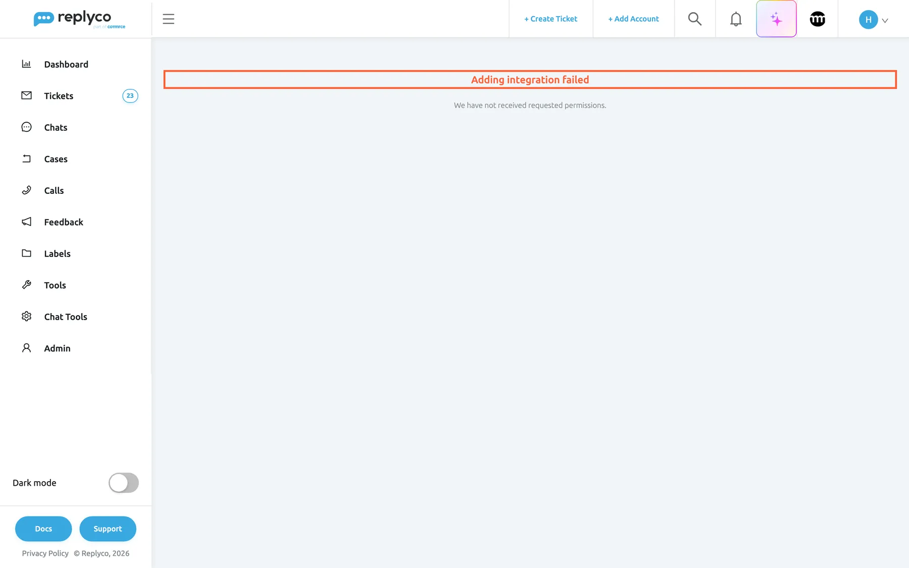 The page Replyco shows when Facebook sends you back without the permissions Replyco asked for. At the top of the main area, centred, the red heading Adding integration failed is highlighted, with the line "We have not received requested permissions." below it. The sidebar and the top bar are the usual ones. Replyco saves nothing and returns to the home page after five seconds; start again from + Add Account and allow every permission.