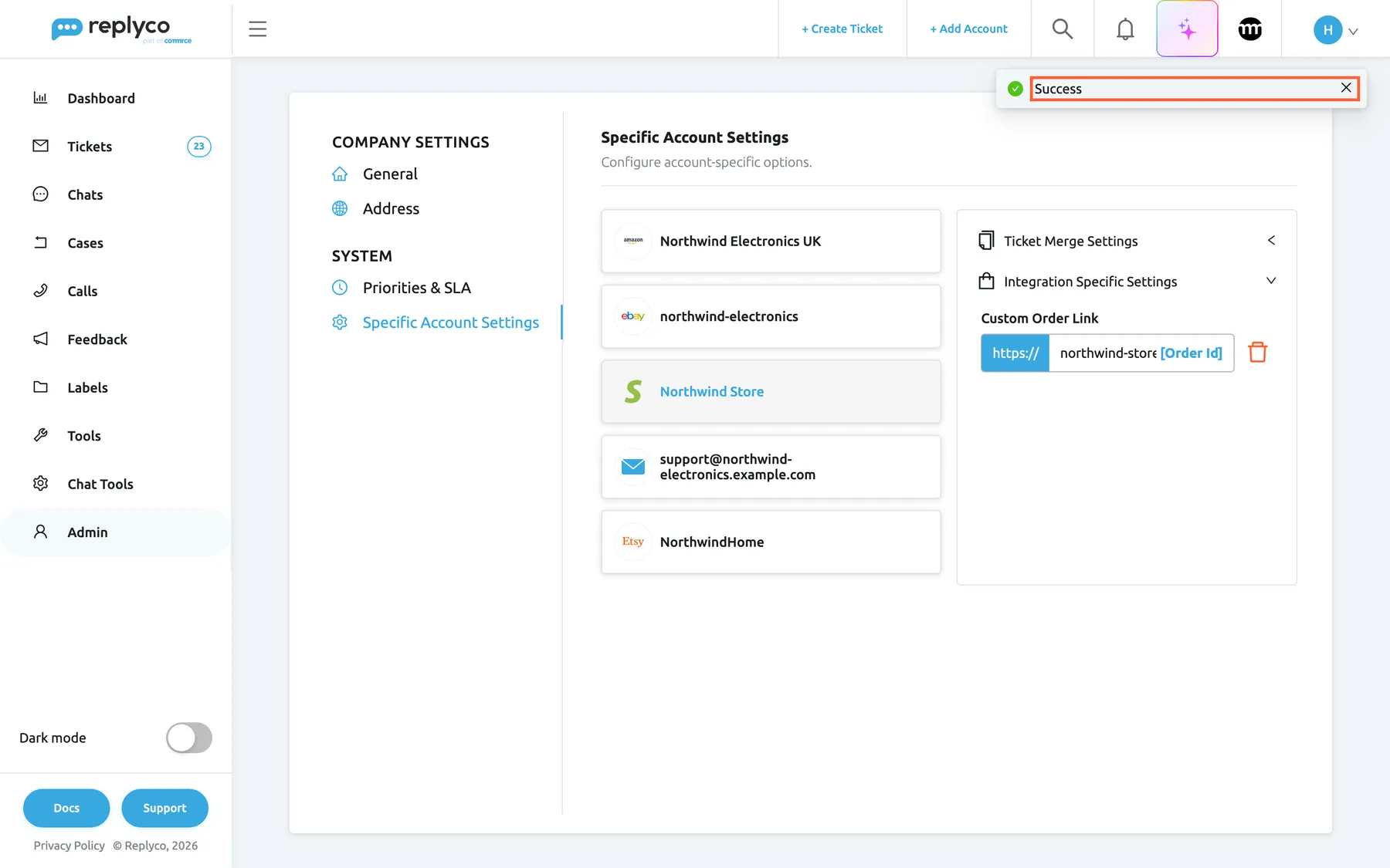 The Specific Account Settings tab right after saving the Northwind Store account. In the top right corner of the screen a message with a green tick reads Success, and it is highlighted. On the right, Integration Specific Settings is still open with the Custom Order Link box showing https:// and the start of the saved address, followed by [Order Id]. The Save Changes button has gone, because nothing differs from what is saved any more.