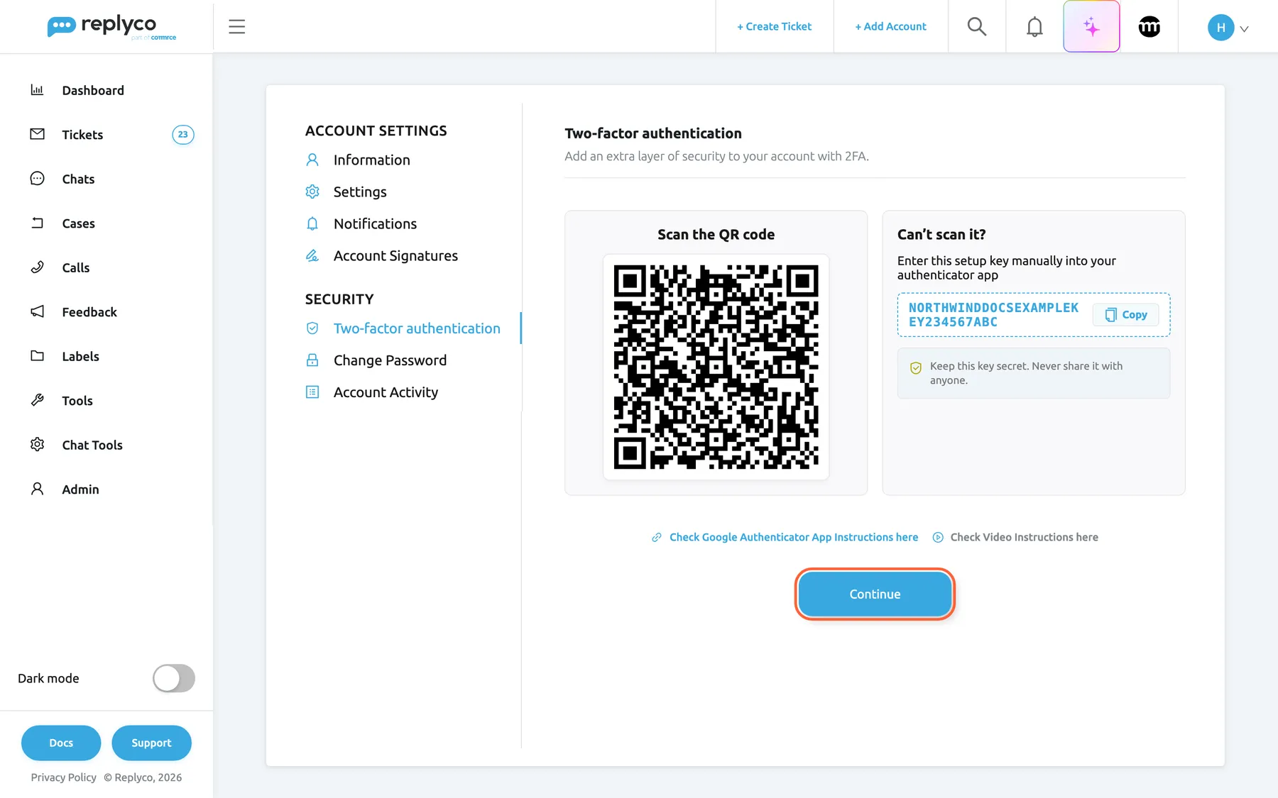 The Two-factor authentication tab right after the password was confirmed. The left panel, Scan the QR code, shows a QR code. The right panel, Can’t scan it?, says Enter this setup key manually into your authenticator app above the example key NORTHWINDDOCSEXAMPLEKEY234567ABC with a Copy button, and the notice Keep this key secret. Never share it with anyone. Below are the links Check Google Authenticator App Instructions here and Check Video Instructions here, and the highlighted blue Continue button, which hides the code once you have scanned it.