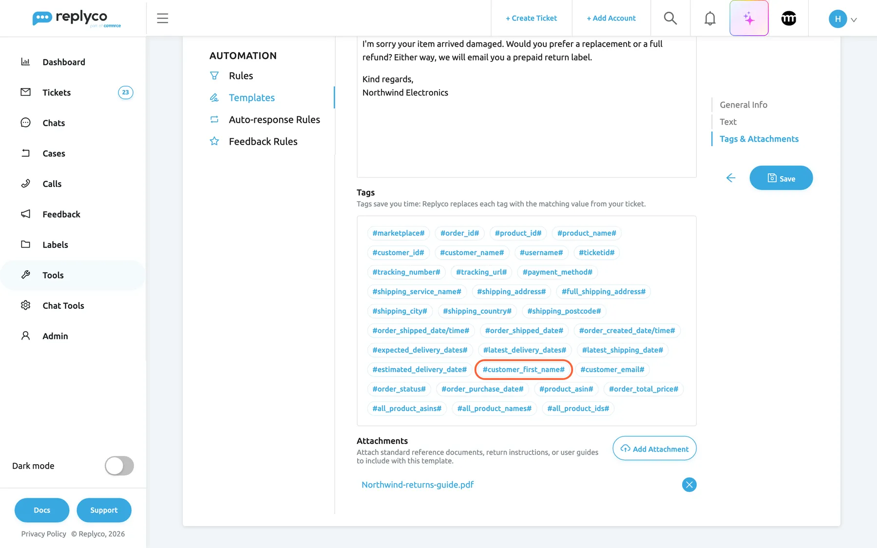 The lower part of the Edit Template form after selecting Tags & Attachments in the contents list on the right. At the top is the end of the Text editor with the reply signed "Kind regards, Northwind Electronics". Under Tags and its explanation, a box holds one chip per placeholder, from #marketplace# and #order_id# to #all_product_ids#; the chip #customer_first_name# is highlighted, and selecting a chip inserts it where the cursor is in the text. Below, Attachments lists "Northwind-returns-guide.pdf" with a round remove button, next to the Add Attachment button. The Save button and a back arrow stay visible on the right.