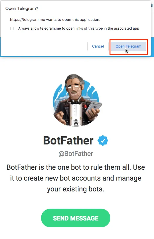 Telegram's web page for BotFather, opened from the link in Replyco's Telegram dialog, with the browser's prompt "Open Telegram?" on top. The prompt says "https://telegram.me wants to open this application." and offers a checkbox to always allow telegram.me to open such links, "Cancel" and "Open Telegram", which is framed in red. Behind it, the page shows BotFather's picture with a verified badge, the handle @BotFather, the line "BotFather is the one bot to rule them all. Use it to create new bot accounts and manage your existing bots." and a green "SEND MESSAGE" button.