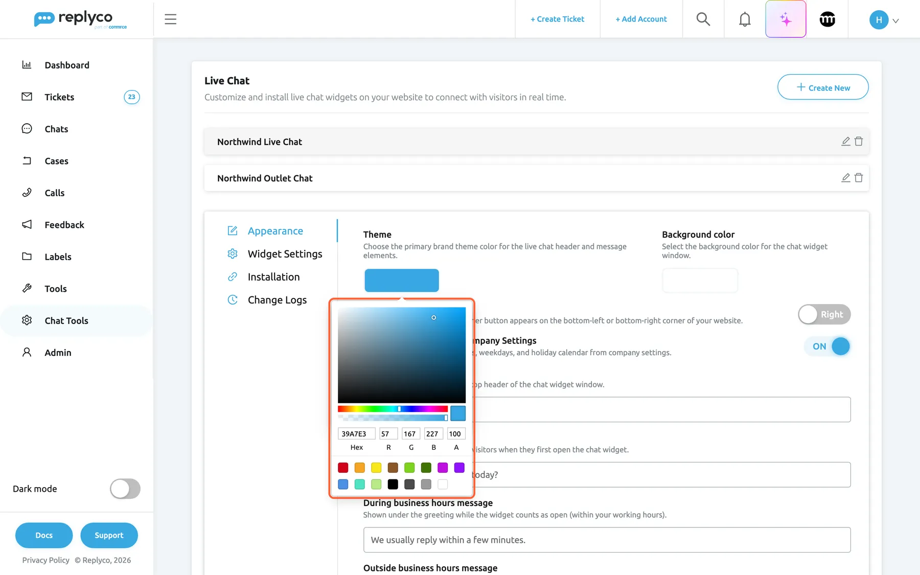 The Northwind Live Chat widget open for editing on the Live Chat screen, on the Appearance tab. Below the Theme swatch a colour picker is open and highlighted: a colour field, a hue slider and an opacity slider, the fields Hex (39A7E3), R 57, G 167, B 227 and A 100, and two rows of preset colours. Next to it Background color shows a white swatch, and further down Position is Right and Use Working time from Company Settings is ON. A new colour applies to the form at once and is kept only after Save.