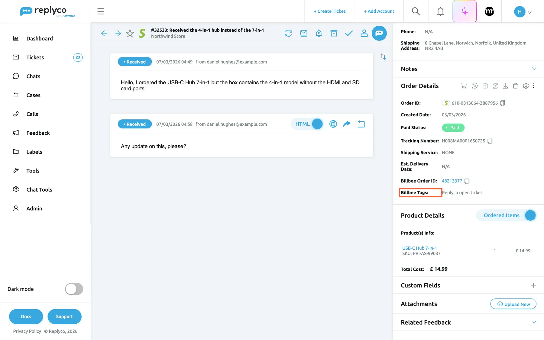 Ticket #32533 "Received the 4-in-1 hub instead of the 7-in-1" from the Shopify store Northwind Store, with the right panel scrolled to Order Details. Below the order's own fields, Billbee Order ID shows 48213377 as a link to the order in Billbee, and the highlighted field Billbee Tags shows "Replyco open ticket", the tag Replyco added in Billbee because the ticket is open. The icons at the top of the panel include Show full Billbee Order, Sync Order from Billbee and Download Invoice from Billbee.