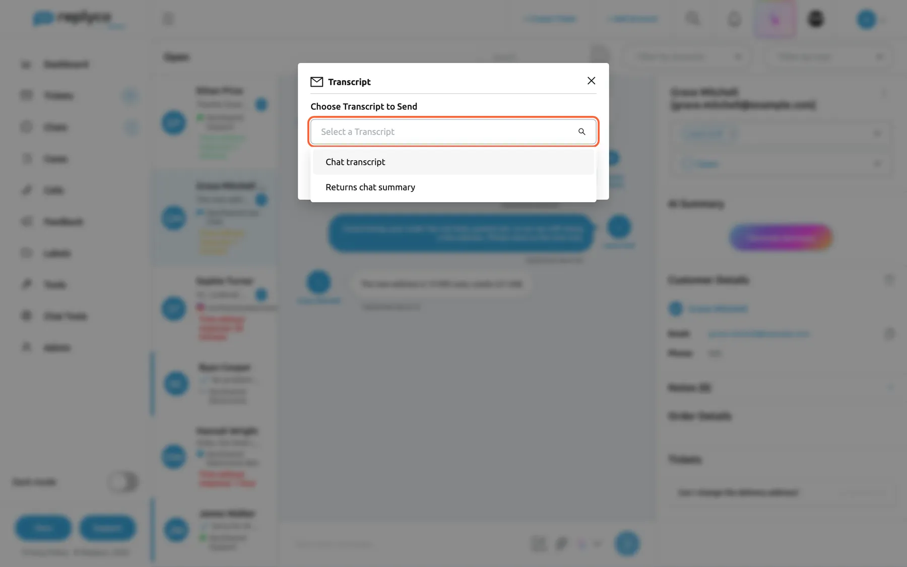 A live chat with Grace Mitchell in Replyco, dimmed behind the Transcript dialog, opened from the three-dot icon next to the chat title. Under Choose Transcript to Send, the highlighted select with the placeholder Select a Transcript is open and lists the two transcripts that are switched on, Chat transcript and Returns chat summary; Holiday season transcript, which is switched off, is not offered. After choosing, Send Transcript emails the chat to the customer.