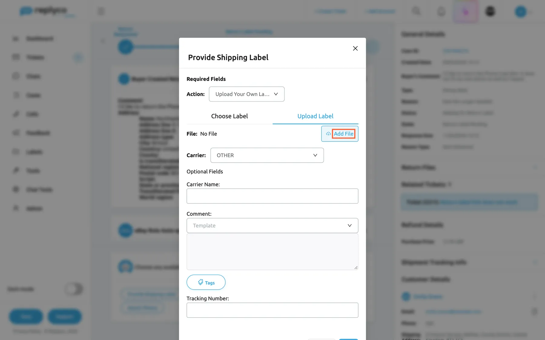 The Provide Shipping Label form for return 5301846219 with the Upload Label tab selected. The tab shows File: No File and, on the right, the highlighted Add File button, which opens your computer's file picker for one label in BMP, GIF, JPG, JPEG, PNG or PDF format. Above are Action set to Upload Your Own Label and the tab Choose Label; below are Carrier set to OTHER and the optional Carrier Name, Comment with Template and Tags, and Tracking Number.