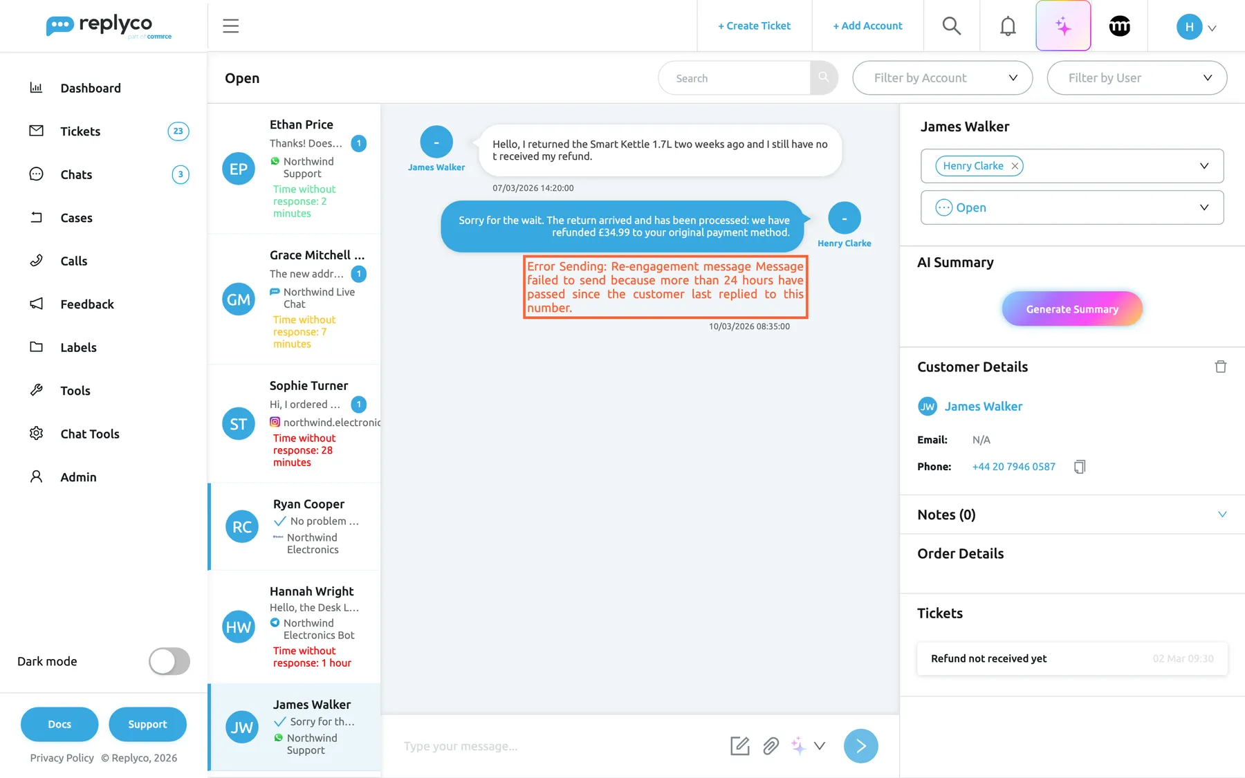 A WhatsApp chat with James Walker under Chats, Open in Replyco. His message about a missing refund is dated 07/03/2026 14:20. Henry Clarke's reply, sent on 10/03/2026 at 08:35, is shown in blue, and under it the highlighted red text reads "Error Sending: Re-engagement message Message failed to send because more than 24 hours have passed since the customer last replied to this number." The reason comes from WhatsApp, in English. The side panel shows Assigned Henry Clarke, Open, Generate Summary and his phone number.