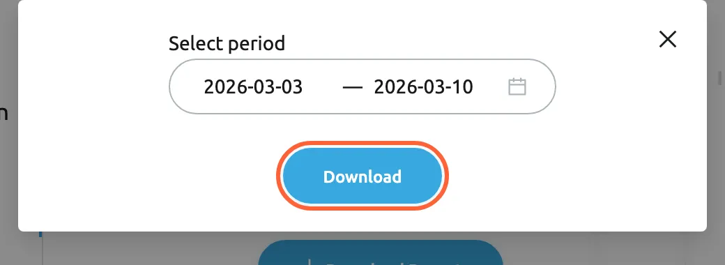The dialog opened by Download Report on the AI Usage tab of Billing. Under the label Select period, a date range runs from 2026-03-03 to 2026-03-10, the last seven days, with a calendar icon to change it. Below it the blue Download button is highlighted; it saves a CSV file that lists every AI action in the period with the ticket number, the user or System, the date, the action and a link to the ticket. A cross at the top right closes the dialog.