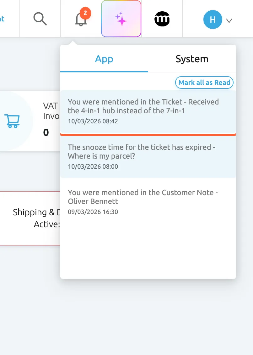 The notification panel open below the bell in the Replyco top bar; the bell shows a red 2 for two unread notifications. The App tab is selected, next to System, with Mark all as Read above the list. The highlighted first item, unread and shaded, reads "You were mentioned in the Ticket - Received the 4-in-1 hub instead of the 7-in-1" with 10/03/2026 08:42. Below it are "The snooze time for the ticket has expired - Where is my parcel?", also unread, and a read mention in a customer note. Selecting an item opens the ticket.