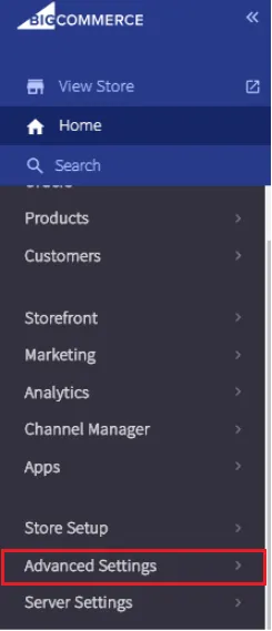 The menu of the BigCommerce control panel. At the top are View Store, Home and Search, followed by Products, Customers, Storefront, Marketing, Analytics, Channel Manager, Apps, Store Setup, Advanced Settings and Server Settings, each with an arrow that opens its sub-menu. Advanced Settings, near the bottom, is outlined in red; its sub-menu holds API Accounts, where you create the API account for Replyco.